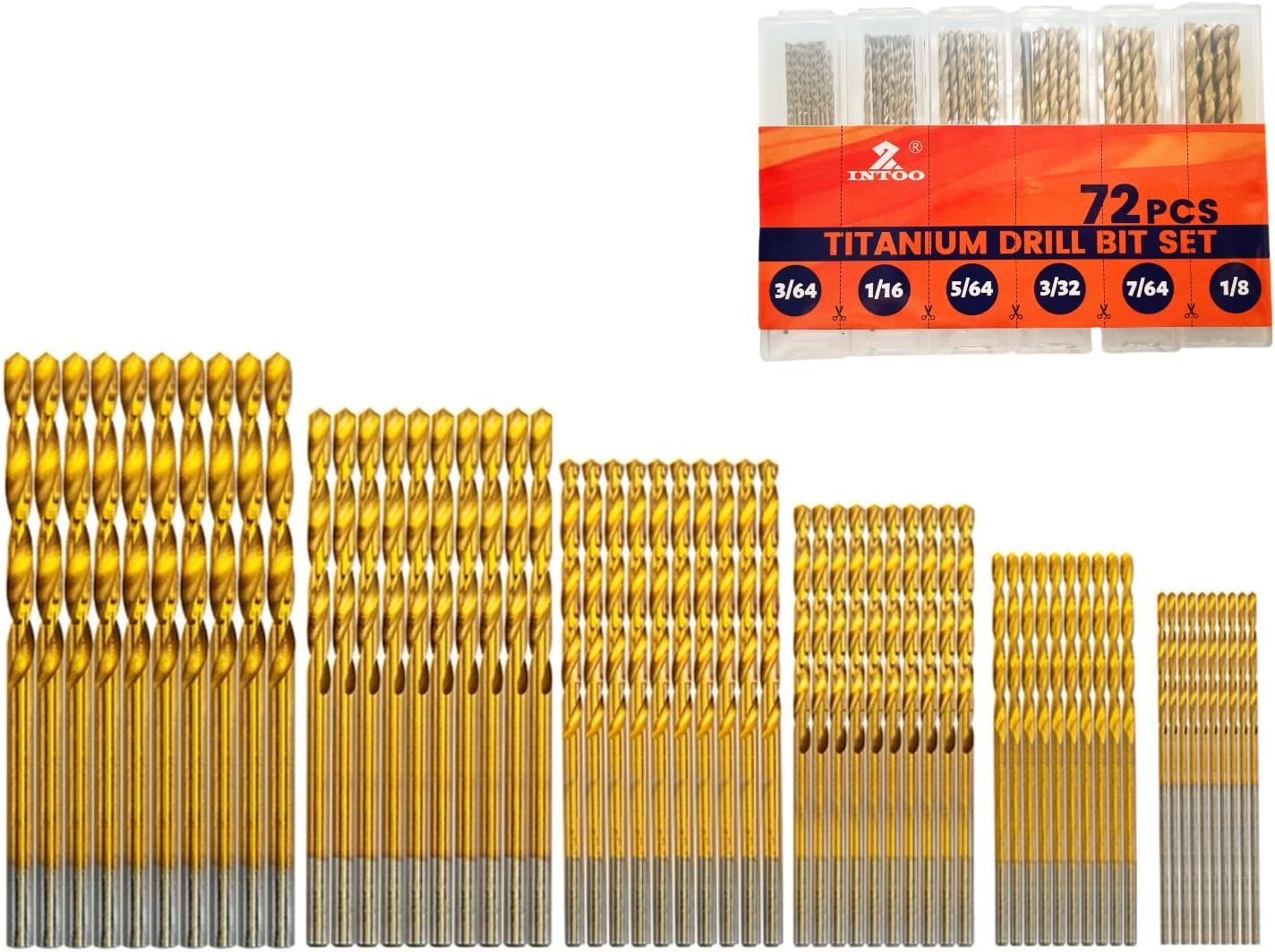 INTOO Mini Drill Bit Set 60 Pcs+12 Pcs Free High Speed Steel HSS Titanium Micro Drill Bits 3/64"-1/8" Metal,Plastic,Wood, Small Drill Bit