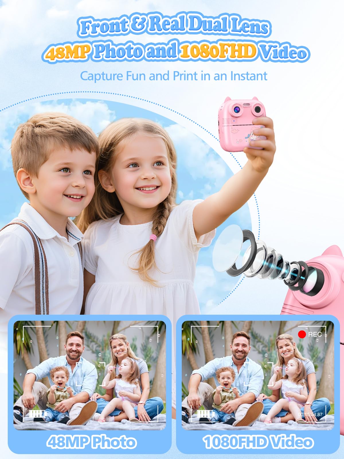 Macchina Fotografica Bambini Istantanea, 48MP e 1080FHD Dual-Camera Obiettivo Fotocamera Digitale con 4 Rulli di Carta da Stampa 2,4 Pollici IPS Schermo di Protezione Oculare 32GB Scheda (Rosa)