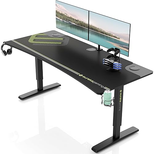 EUREKA ERGONOMIC 63 Inch Computer Desk Large Manual Height Adjustable Gaming Desk, Home Office Studio Table Dual 3 Monitor Curved Edge Desk Mouse Pad Controller Stand Cup Headset Holder