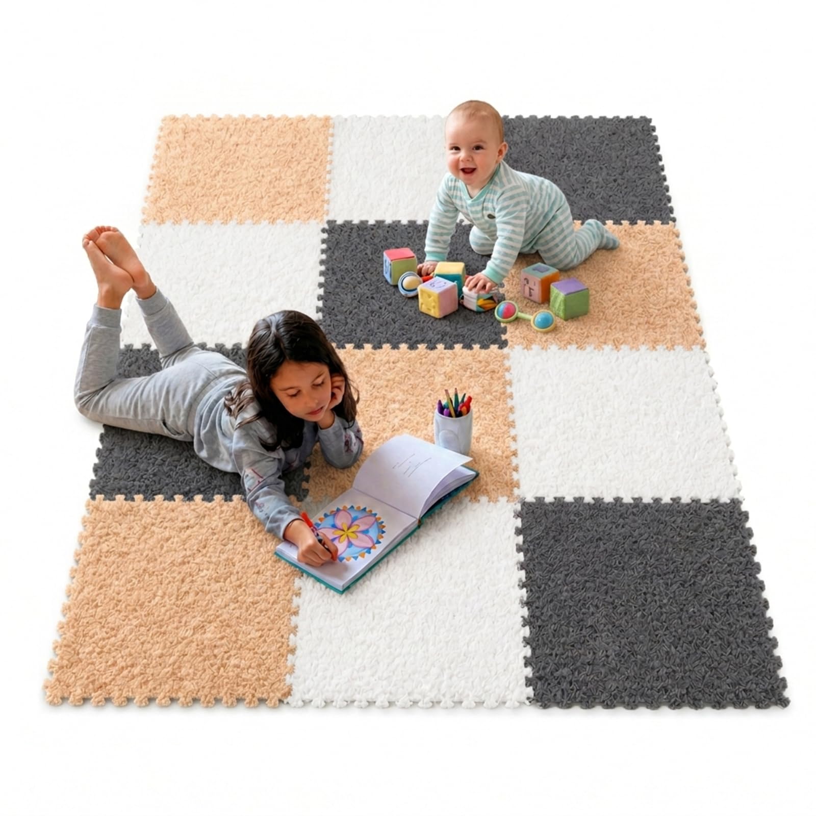 12PK Alfombra de Juegos para bebé, Tapetes felpa de Espuma de Rompecabezas Entrelazados,Tapete de Juego de Rompecabezas para rompecabezas ideal para gateo y juego para bebe (Blanco*Albaricoque*Gris)