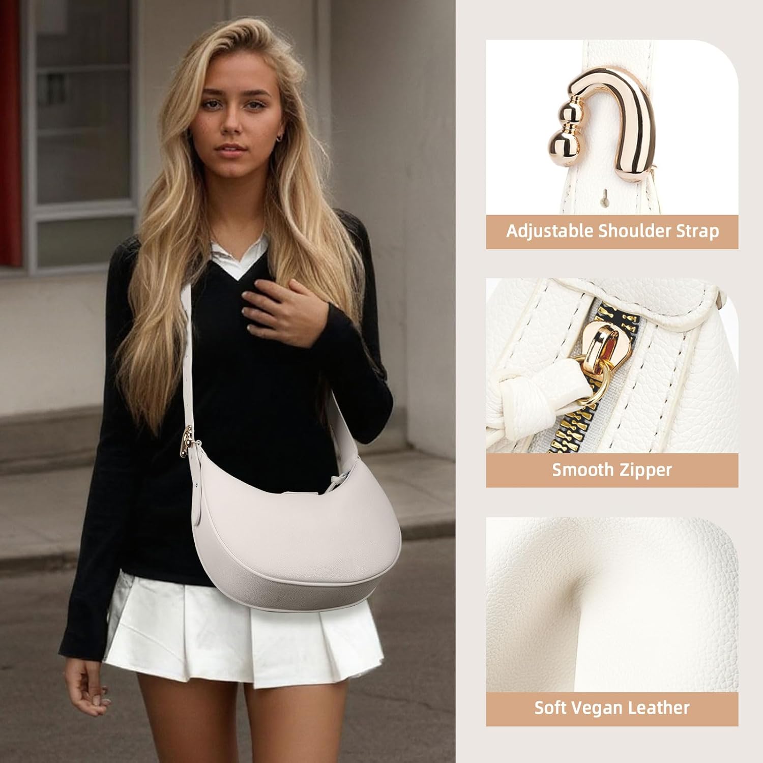 Crescent Shoulder Bag for Women, Small Vegan Leather Crossbody Purse Hobo Handbag with Adjustable Strap for Travel