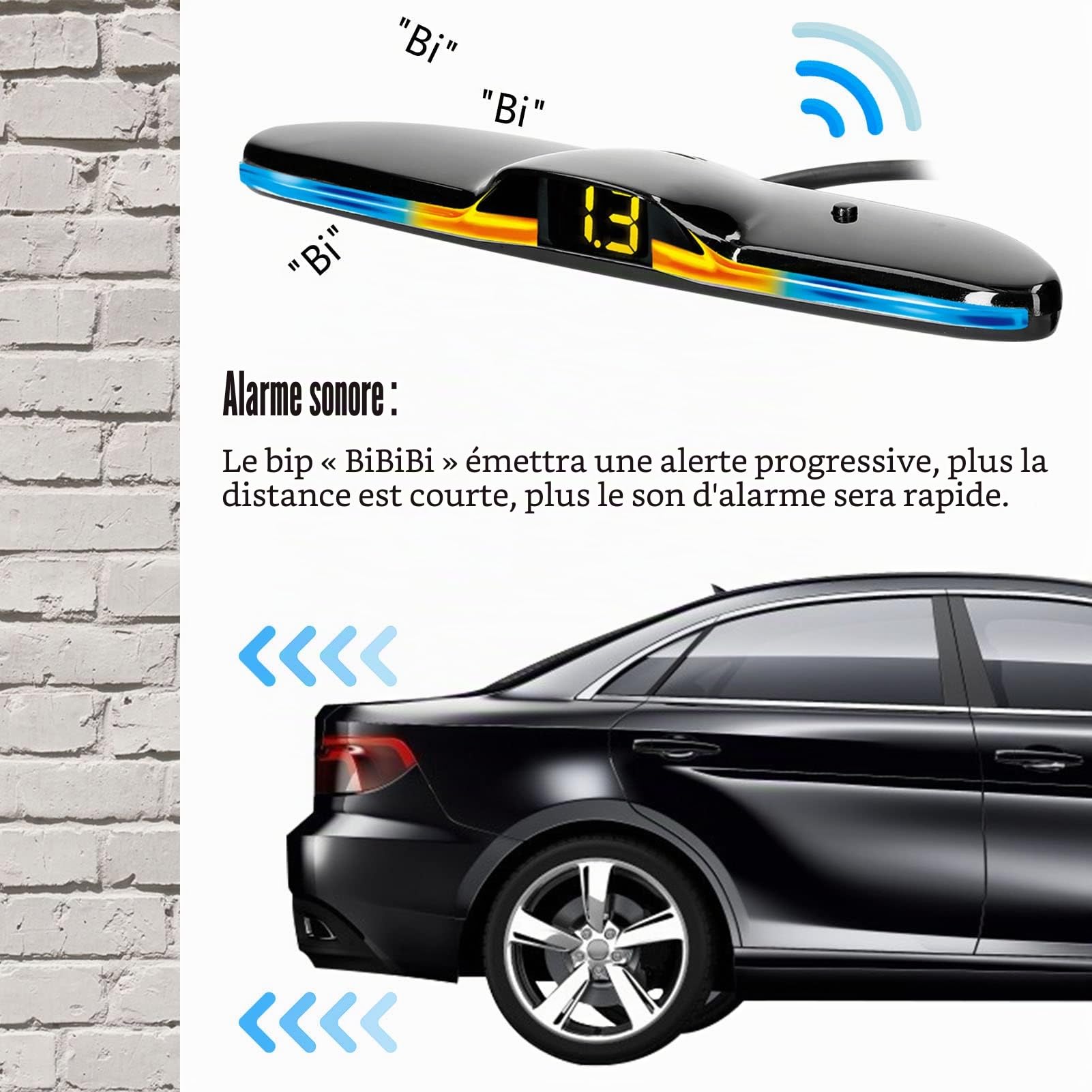 Radar de recul pour voiture avec système de capteurs de stationnement et 4 capteurs de stationnement Détection de distance Indicateur de distance à LED avec signal d’avertissement, Blanc