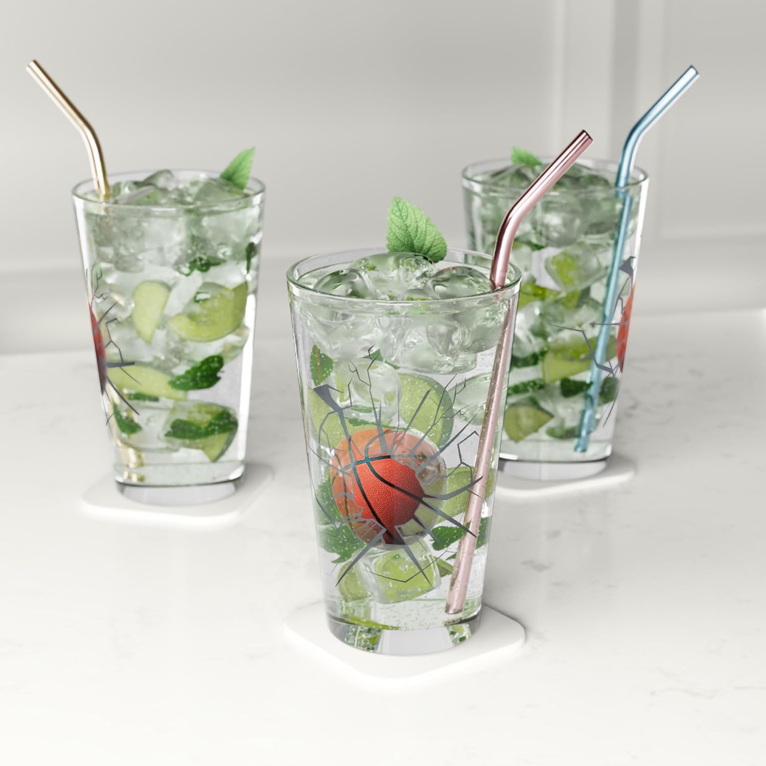 Sports Pint Glass, Smash Through Ball Shatter Effect Beer Glasses (6, Basketball)