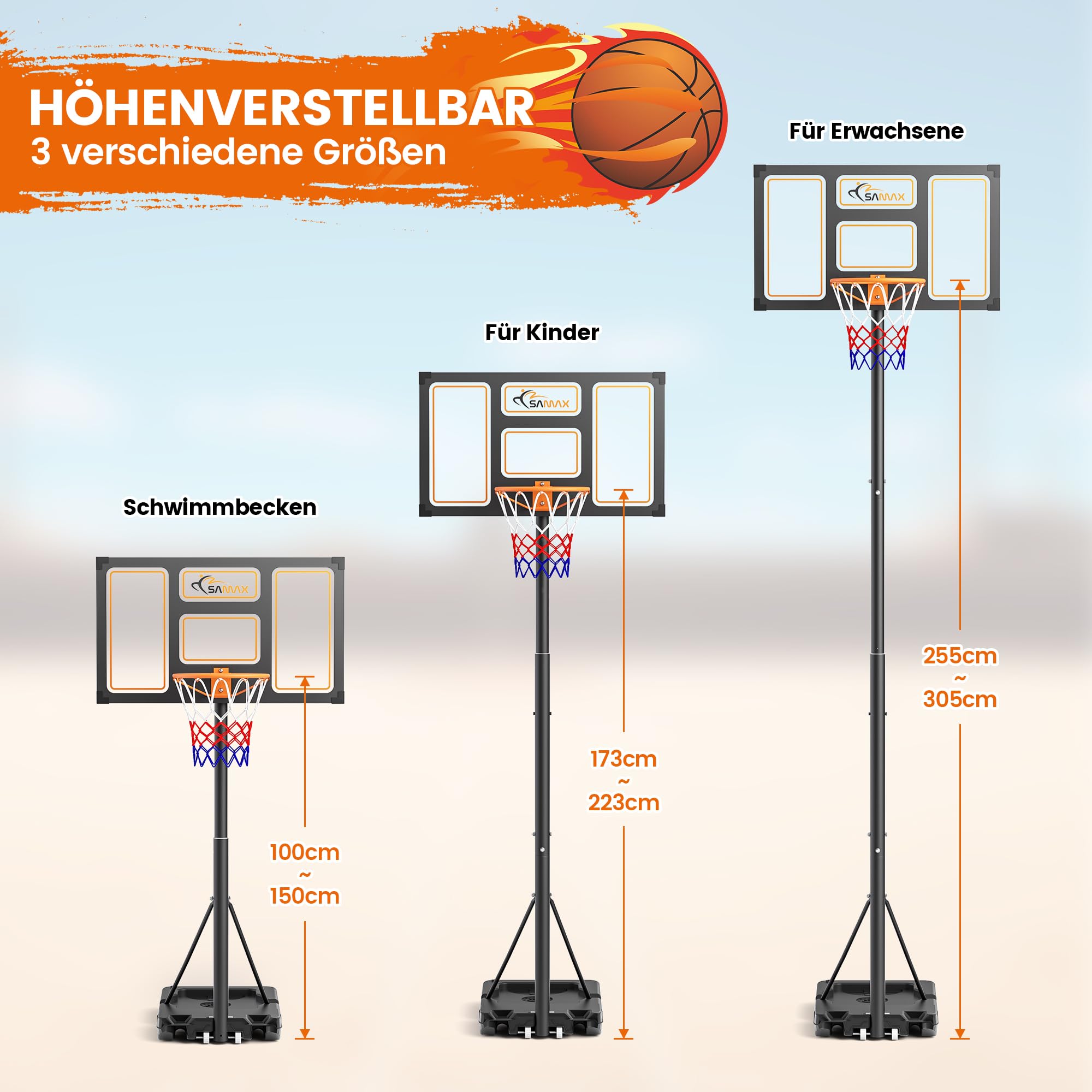 SAMAX Basketballkorb Basketballständer 100-305 cm Höhenverstellbar mit Rollen inkl. Netz - Korbanlage Standfuß Outdoor Indoor - für Garten, Sportplatz und Spielfeld - für Erwachsene & Kinder