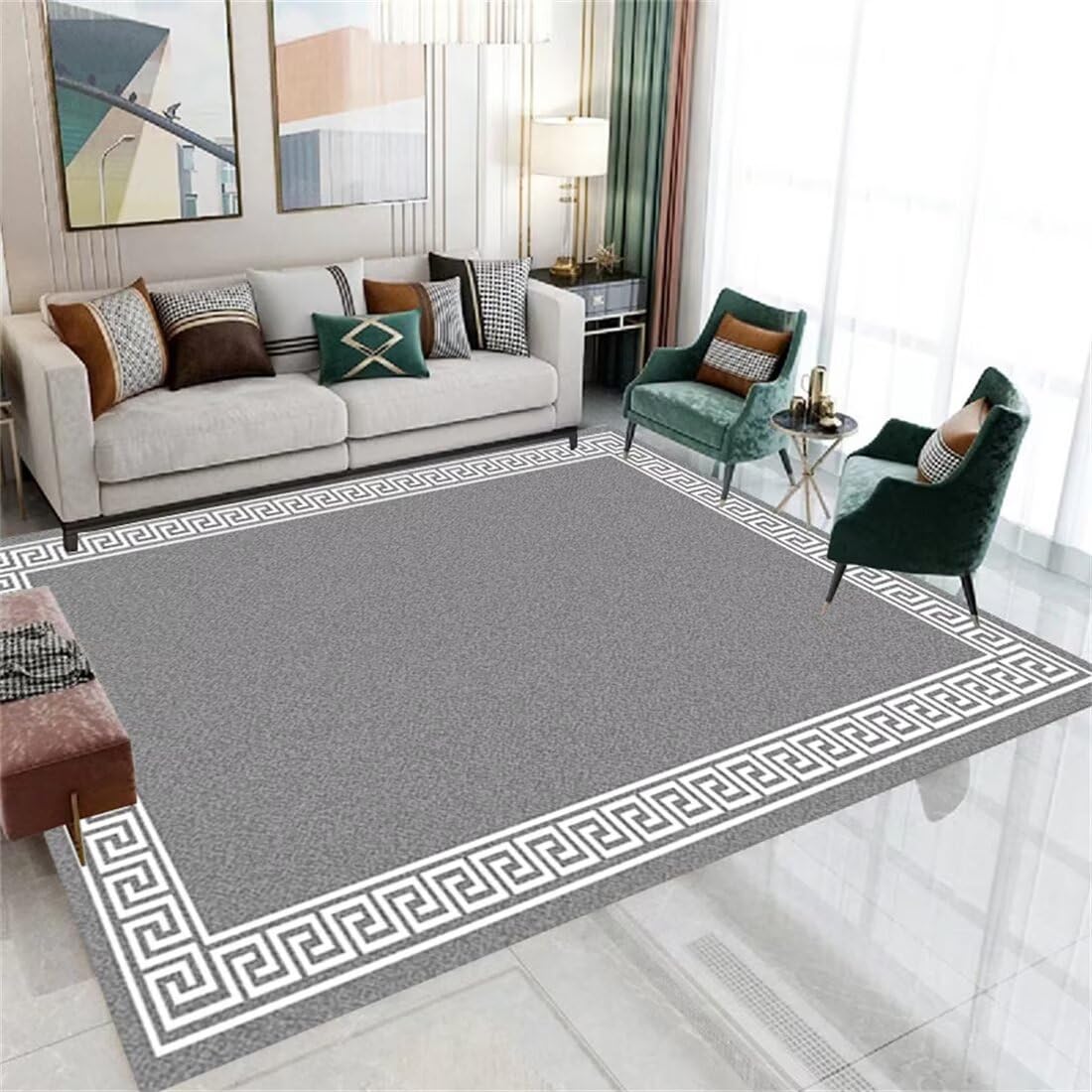 Tapis éveil bébé aux lignes de bordure moquette grise salon