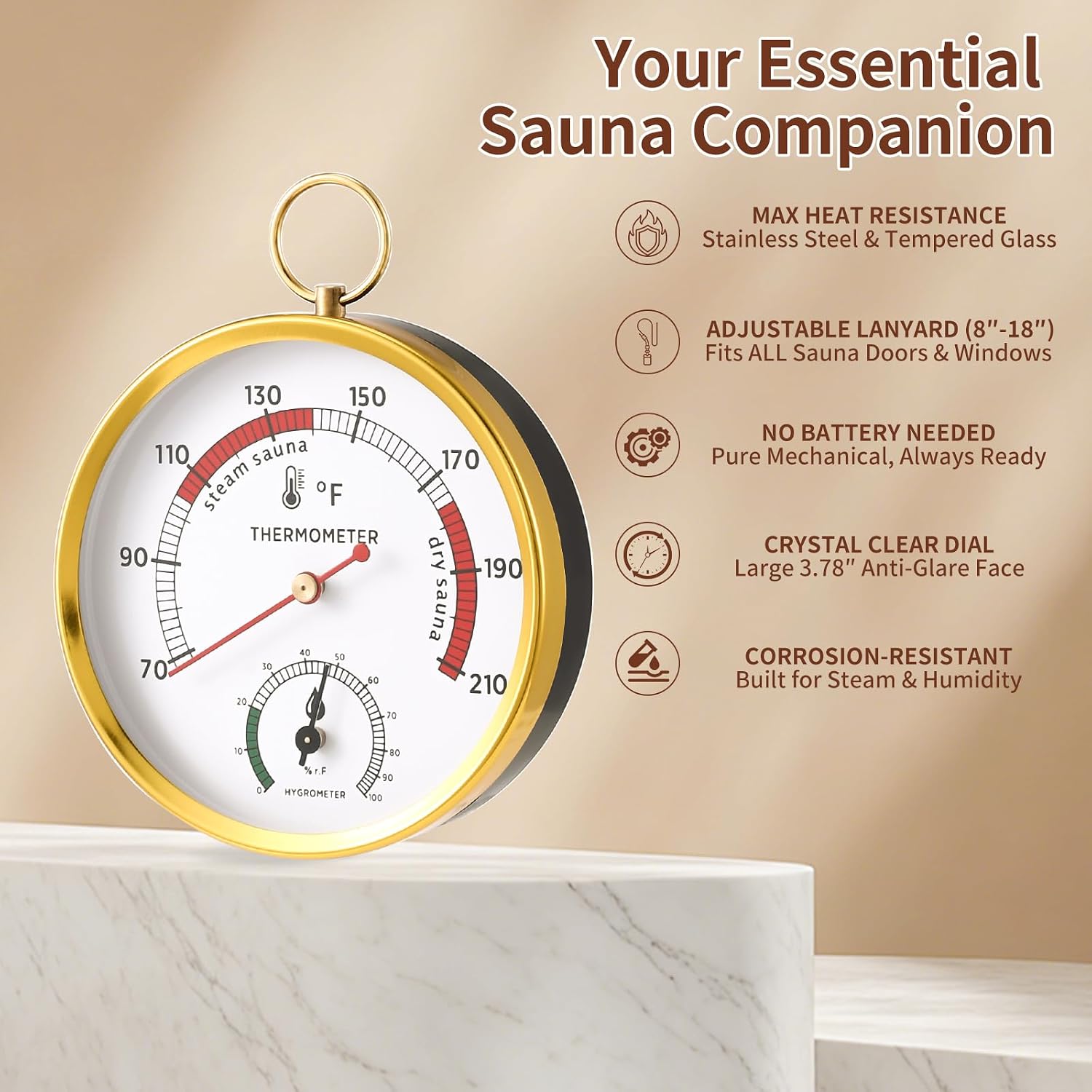 2 in 1 Sauna Thermometer Hygrometer with Adjustable Lanyard, for Portable Steam Sauna Box & Home/Infrared/Indoor Use, Durable Essential Sauna Accessory & Gift for Enthusiasts (70-210°F, 0-100% RH) image 4