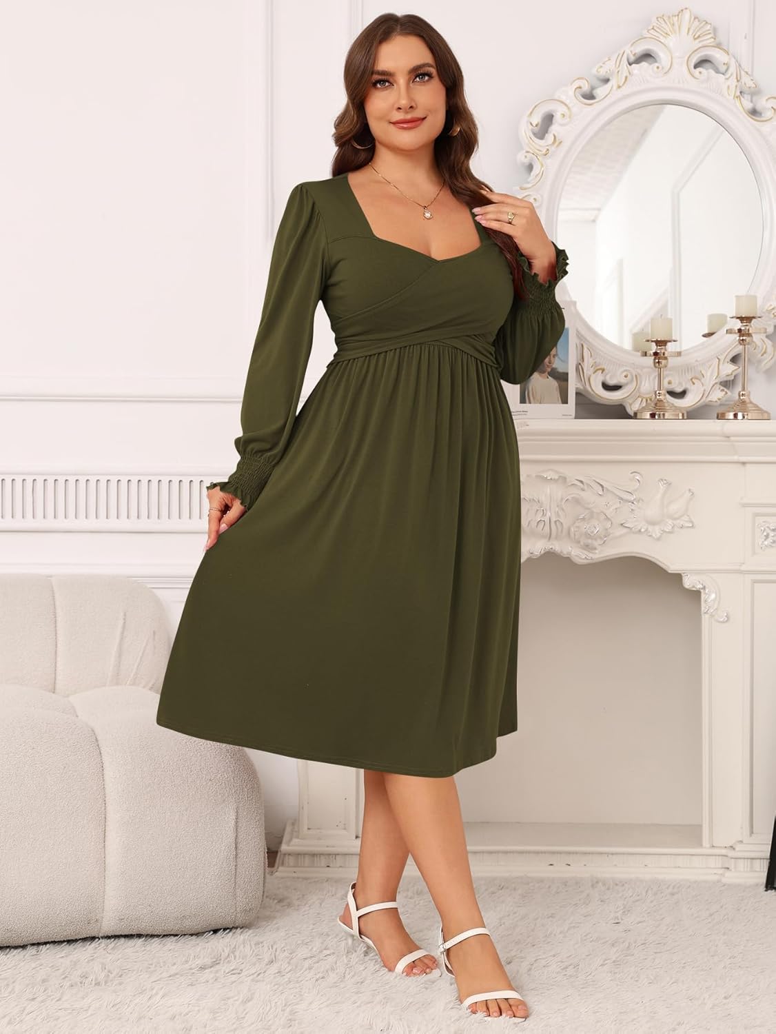 AMCLOS Women's Plus Size Casual Dress 2 Pockets Square Neck Back-Tie Crosswrap Bodice Elegant Work Business Long Sleeve - Image 6