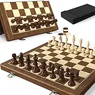 Premium Natural Walnut 15" Magnetic Wooden Folding Chess & Checkers Set- 2 in 1 Board Game with 3" King Staunton Pieces and 2 Extra Queens, Checkers, and Dust-Proof Storage Bag (Black)
