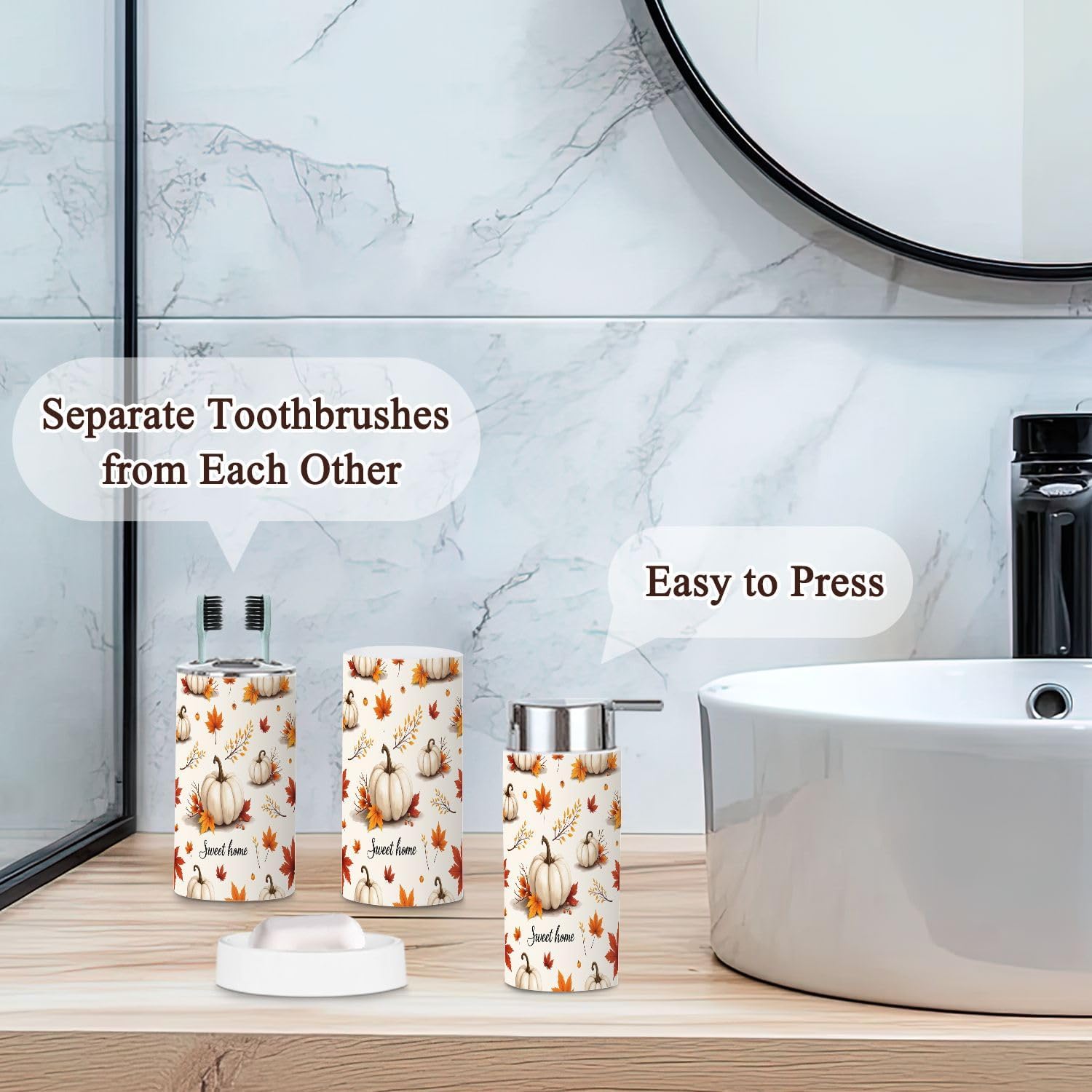 Bathroom Accessories Set 6 Pcs Fall Autumn Maple Leaf Pumpkin Waterproof Fabric White Toothbrush Holder Cup Soap Dispenser Soap Dish Toilet Brush Holder Trash Can for Countertop Decor
