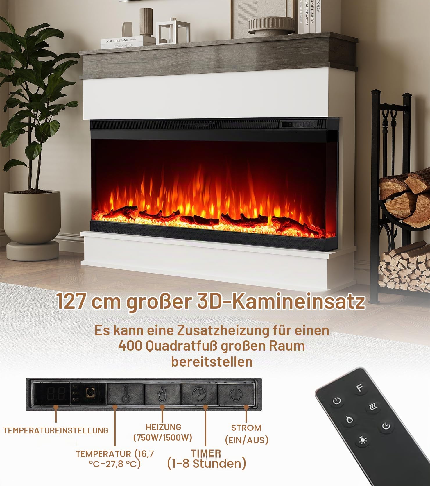M.C.Haus 3-seitiger elektrischer Kamin-Einsatz - Minimalistischer Kamin - 12 Farb-Flammeneffekt - 1500/750 Watt Heizgerät - Fernbedienung - Holz & Kristalle (50", Weiß)