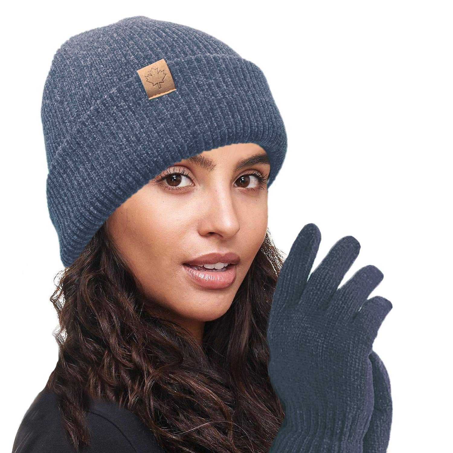 Toskatok Women's Blue Warm Thermal Lined Chenille Hat And Glove Set