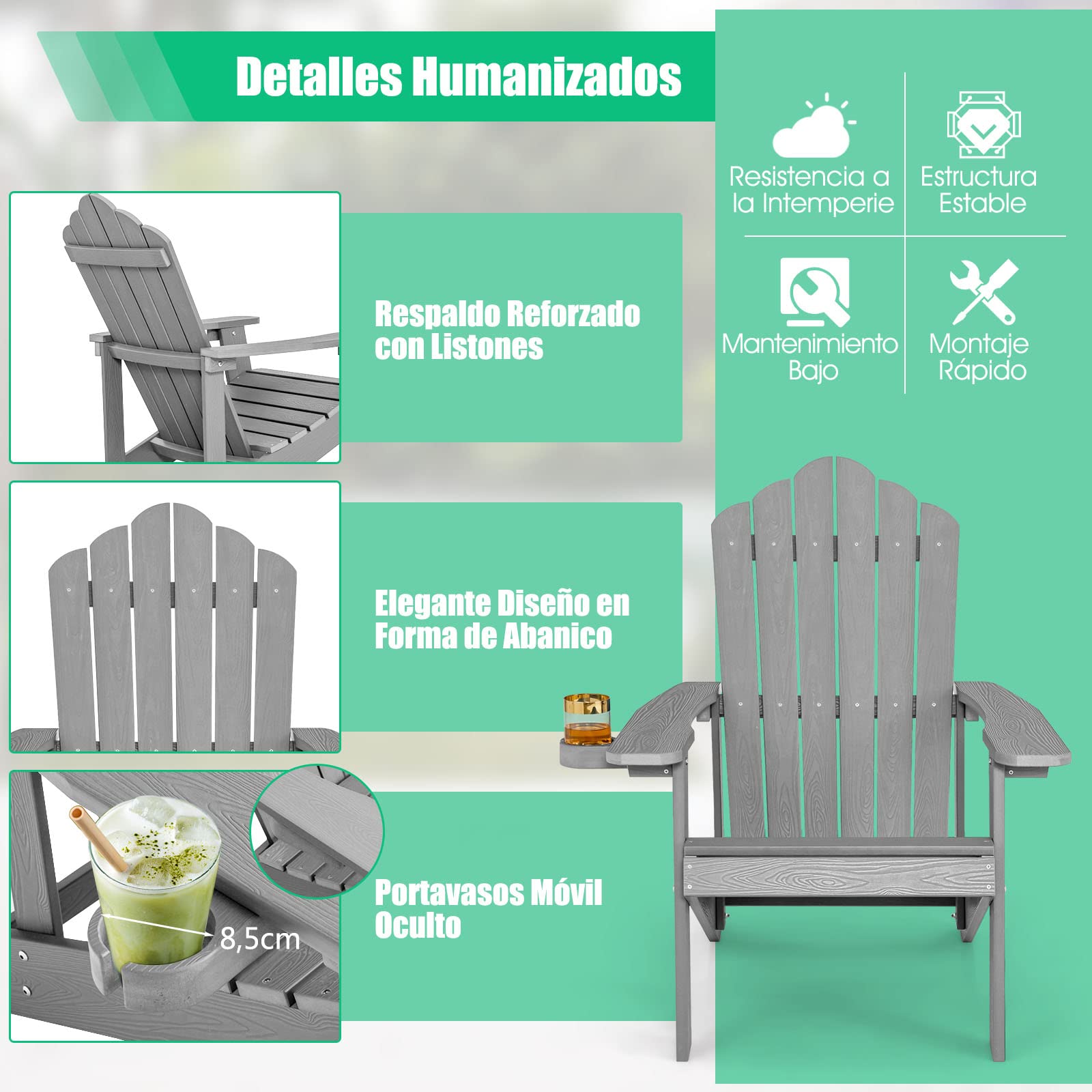 COSTWAY 2 Sillas Adirondack con Portavasos, Sillas para Hogueras, Resistente a la Intemperie, Grano de Madera Realista, Facíl de Montaje, Silla de Exterior para Patio, Jardín, Terraza (GIRS,2)