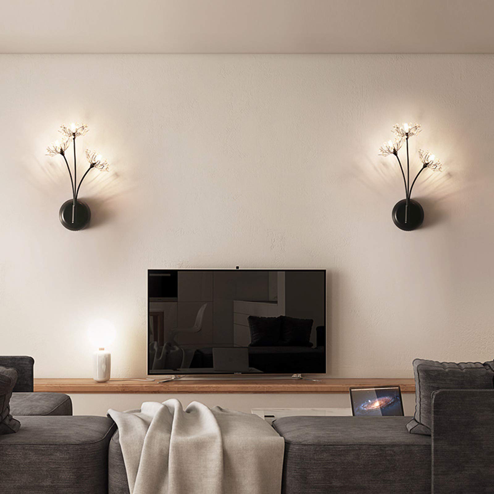 Czarne Kryształowe Kinkiety Do Salonu, 3-Punktowa Lampa Nocna Dandelion Z Okrągłą Metalową Podstawą, Nowoczesna Lampa Ścienna Led Do Sypialni, Art Deco Do Korytarza, Schodów, Przejścia 4,5 W, Warmes