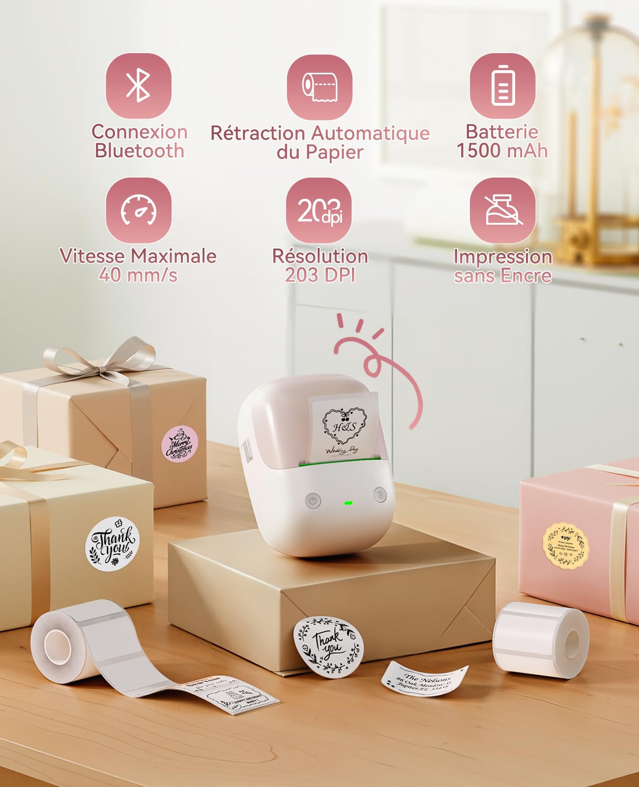 NIIMBOT B2 Étiqueteuse Portable Thermique sans Encre, Impression Hors Ligne, 50x30mm, Beige Abricot