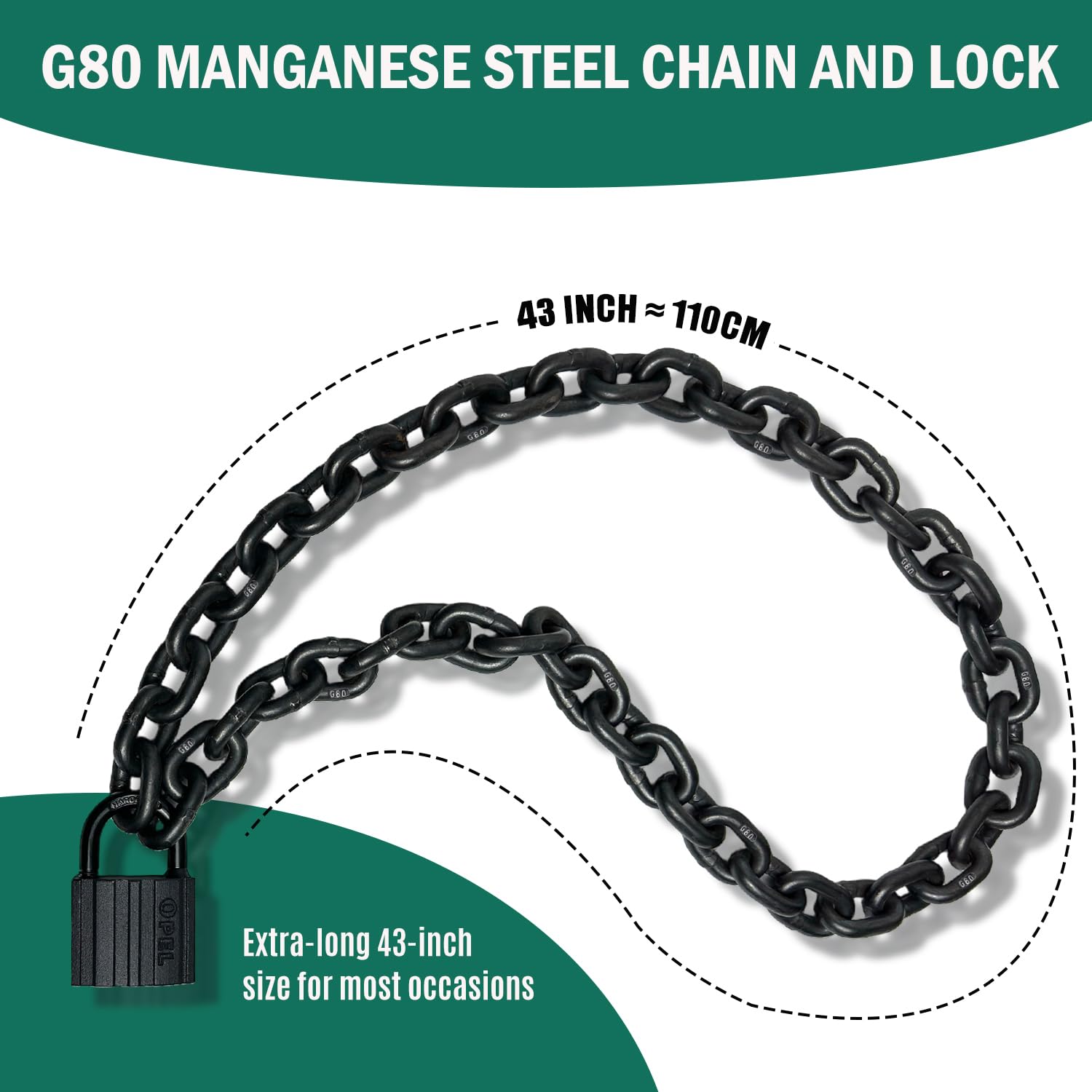 Catena di sicurezza da 100 cm, resistente, 8 mm, in acciaio al manganese, G80, nero, antifurto, anti-taglio, lucchetto per bici, scooter, moto, porta, cancello
