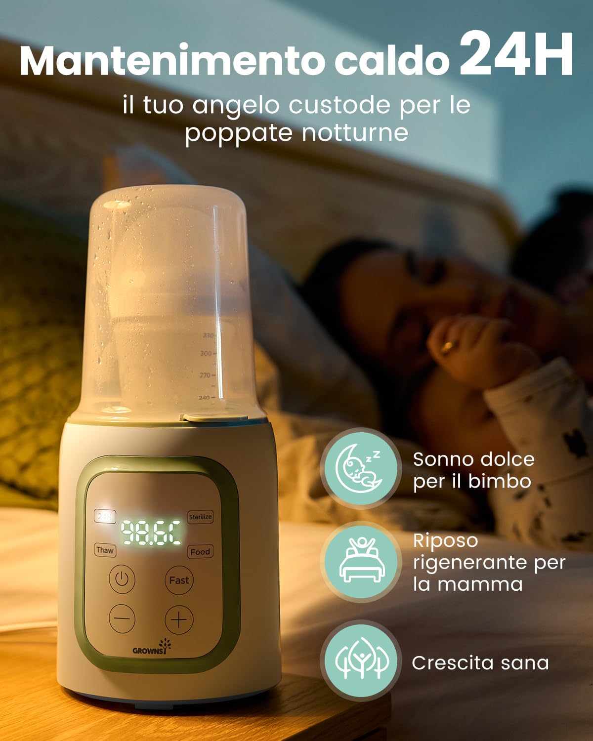 Grownsy Scaldabiberon 10-in-1 Veloce con Timer per Latte Materno o Formula, Controllo Preciso della Temperatura, Funzioni di Scongelamento, Sterilizzazione, Mantenimento Caldo e Riscaldamento Pappe