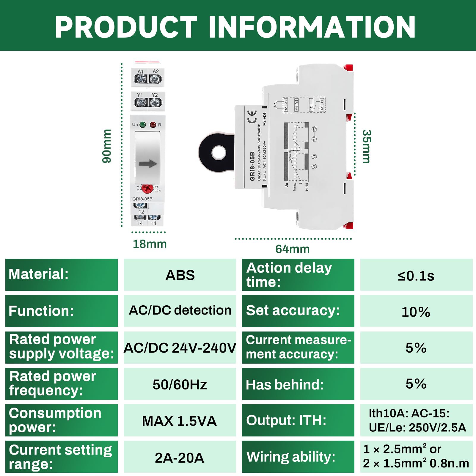 Buyweek Relè di corrente passante, monitoraggio CA, monitoraggio di sovra/sottocorrente, corrente 2A-20A CA/CC 24V-240V (GRI8-05A/B)(GRI8-05A)
