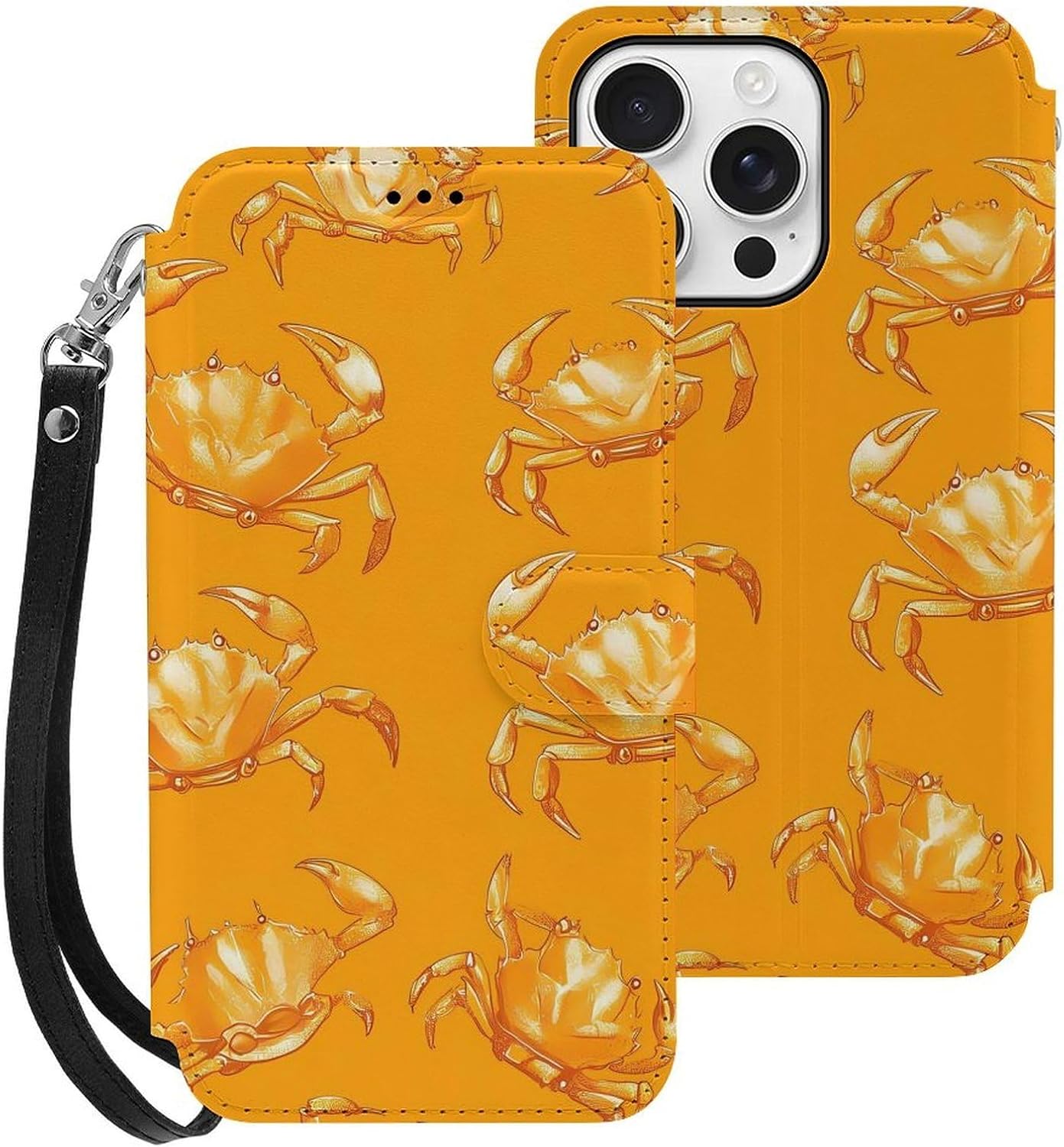 Golden Crab Compatible with iPhone 16/16 Plus/16 Pro/16 Pro Max/16 E Case Phone Wallet Card Holder Flip Cover with Wrist Strap