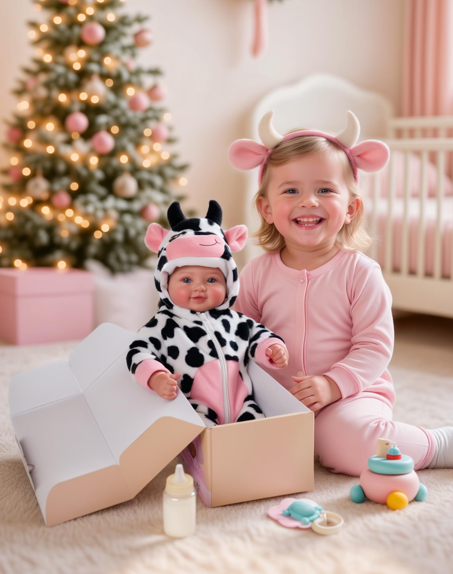 BABESIDE Baby Doll Girl - 17-Inch Soft Body Realistic Baby Doll with Blue Eyes and Cow Outfit Real Life Baby Dolls for 3 4 5 6 7 8 9 Years Girl Birthday Gifts, Pretend Play, Christmas & Collection