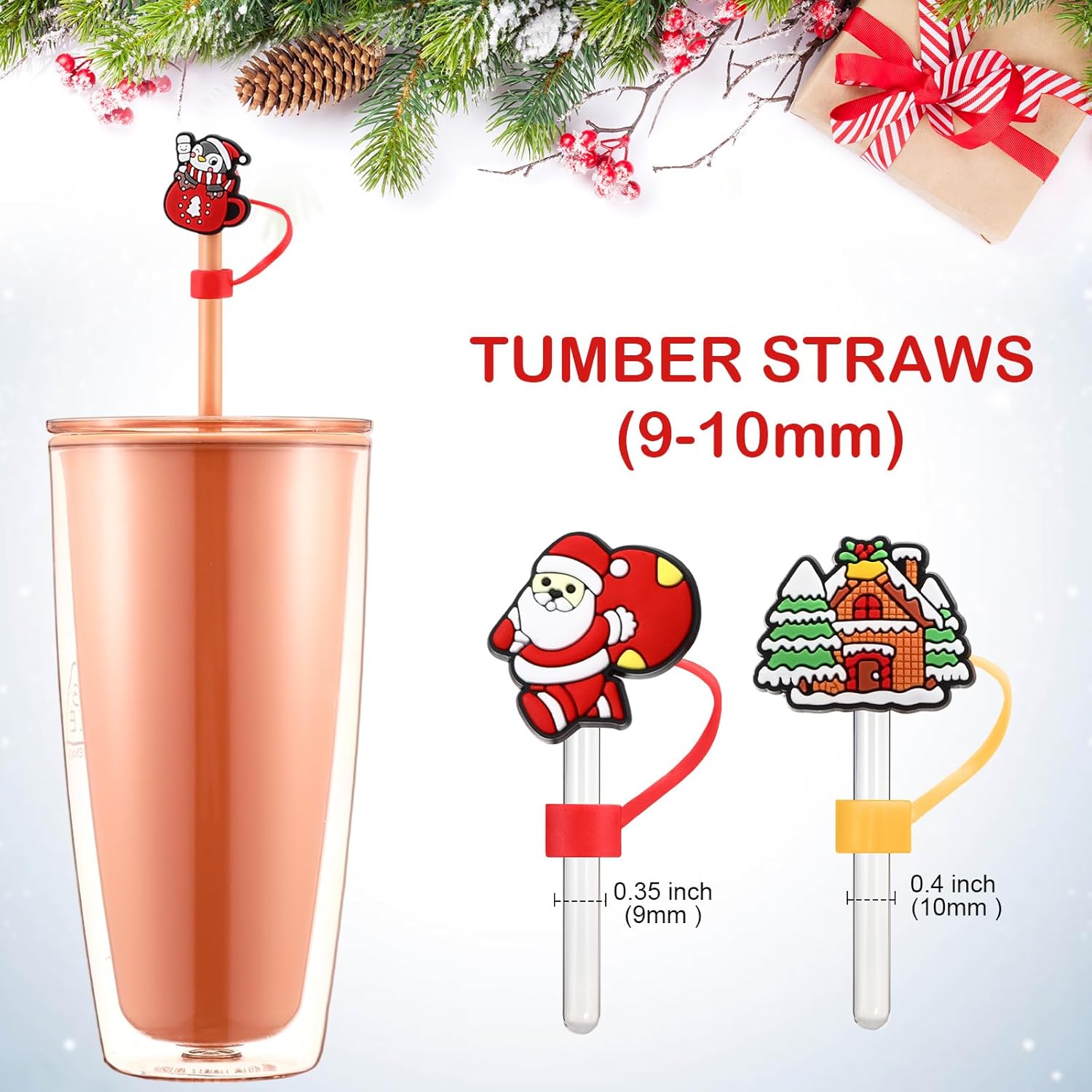 Reallnaive 96 Pcs Christmas Straw Cover Cap Christmas Straw Toppers with Handle for 9-10 mm Santa Xmas Tree Snowman Gingerbread Silicone Drinking Tip Covers for Tumblers Cup Gift Party Favors