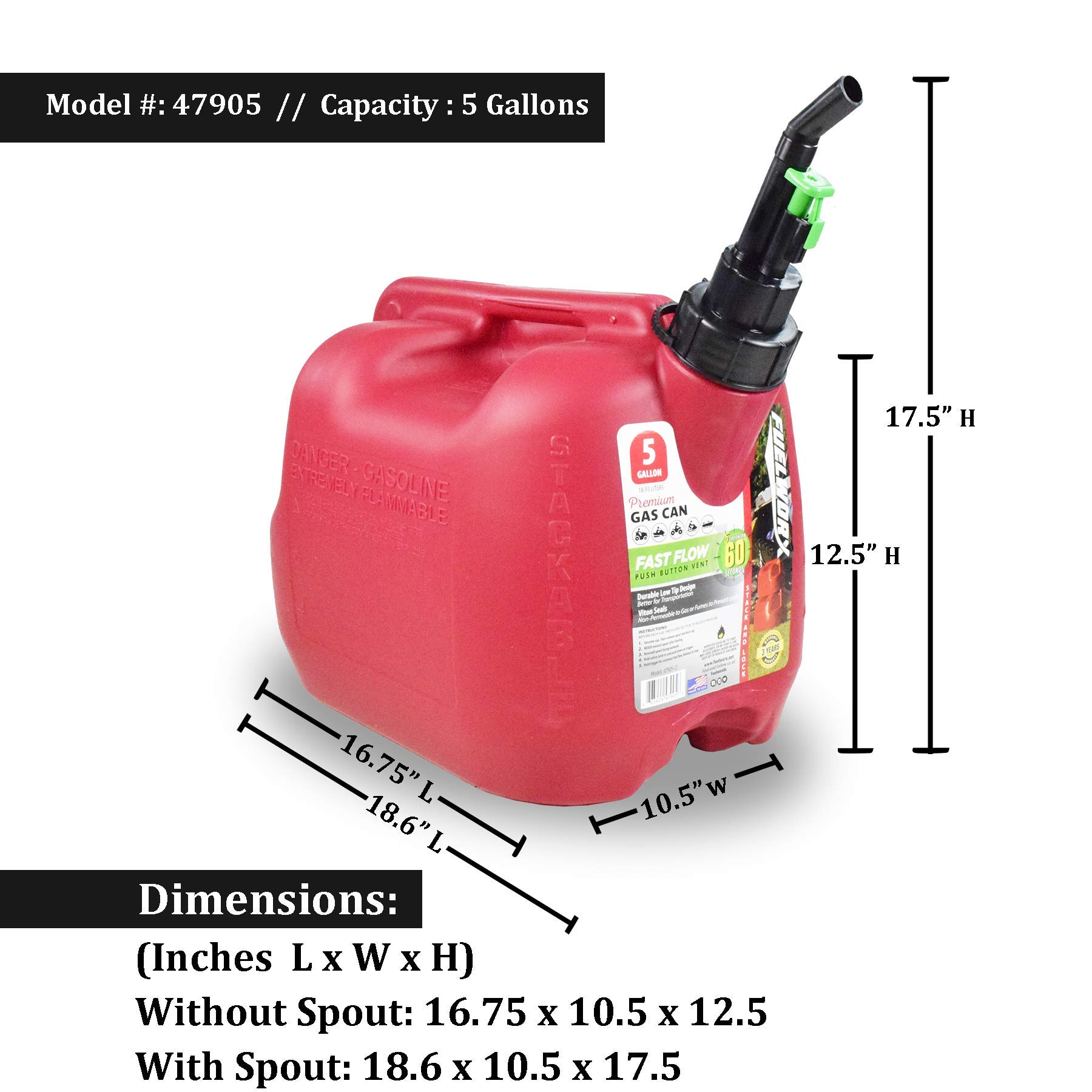 Fuelworx Red 5 Gallon Stackable Fast Pour Gas Fuel Can CARB Compliant Made in The USA (5 Gallon