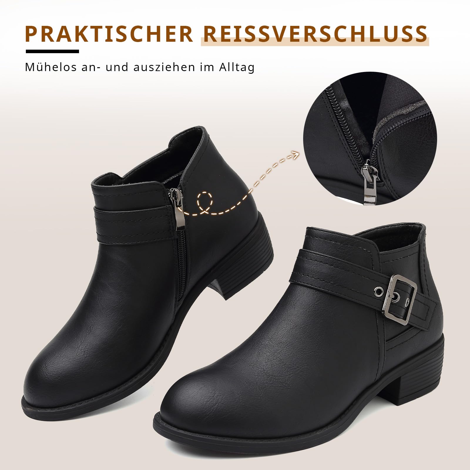 ziitop Stiefeletten Damen Schwarz mit Reißverschluss Elegante Boots Stiefel Damen Spitz Zulaufend Schnalle Western Chelsea Ankle Boots Herbst Winter Schuhe Ungefüttert Vielseitig Kurzstiefel