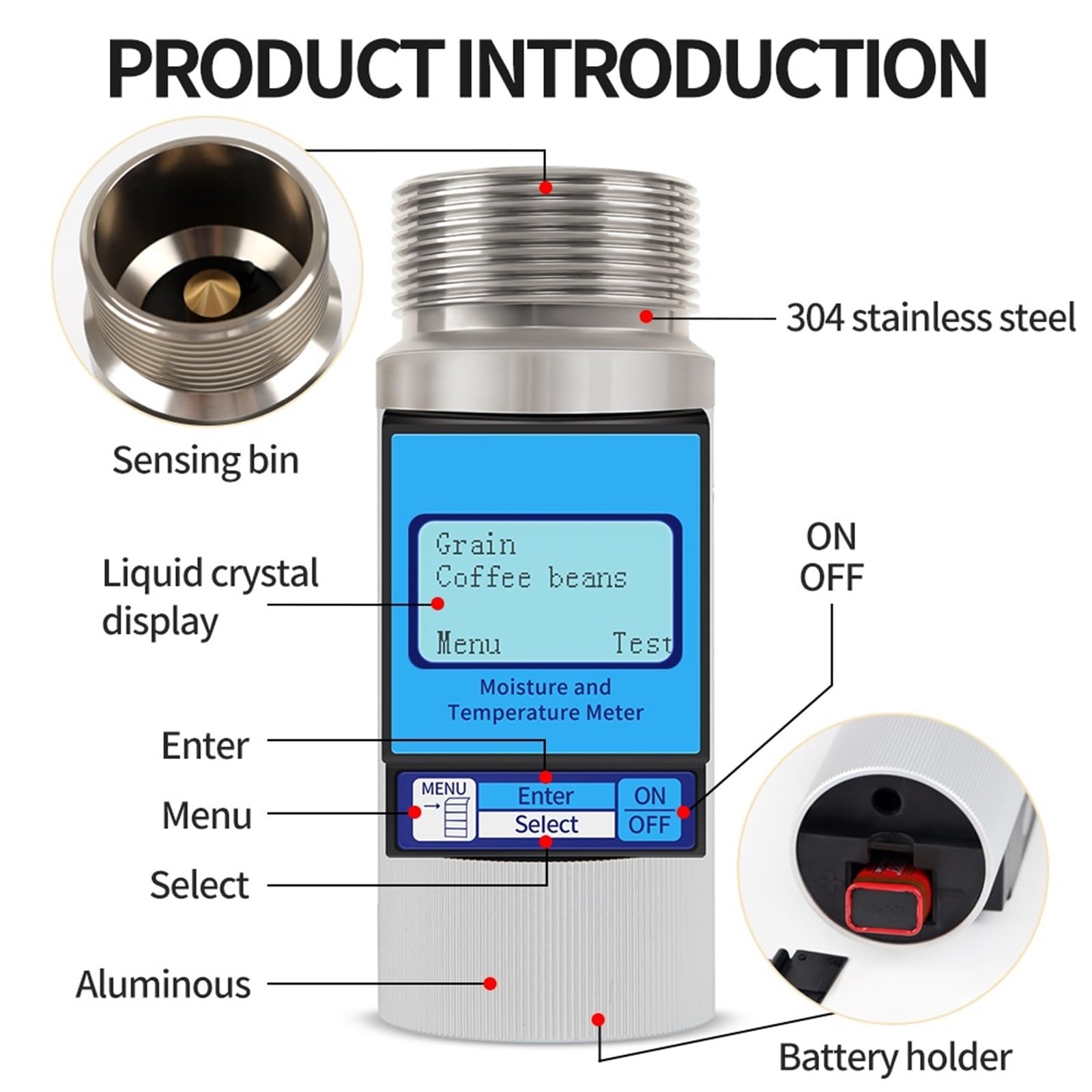 Medidor de humedad, Medidor de humedad granos portátil con pantalla LCD digital, higrómetro for café, trigo y maíz