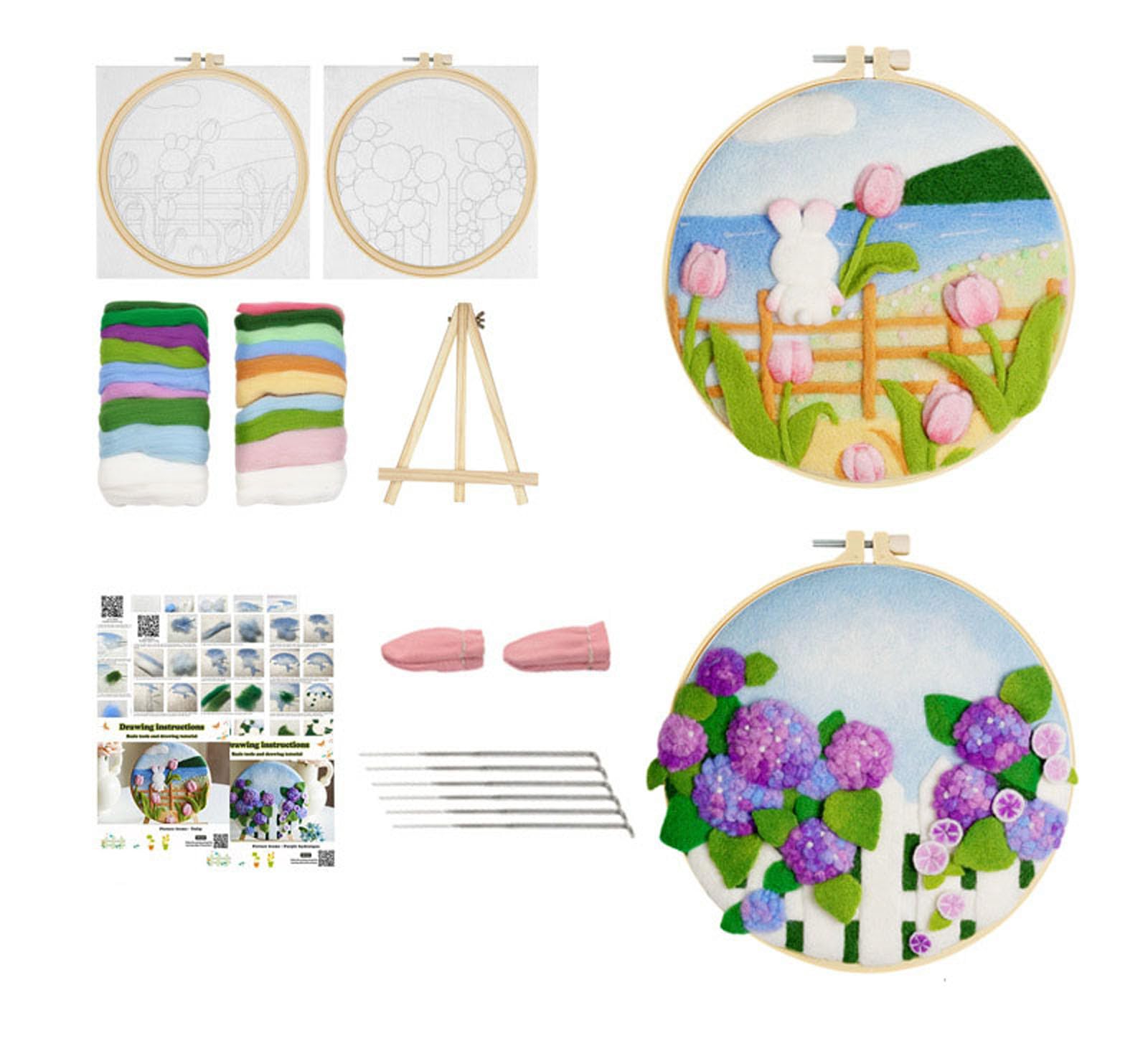 Xinyanmy 2 Pack Needle Felting Kit,Felt Painting Kit for Beginners, DIY Craft Kit with Picture Frame,Felted Fabric,Wool,Needle,Foam Pad and Instructions for Home Decoration (Tulips&Lavender)