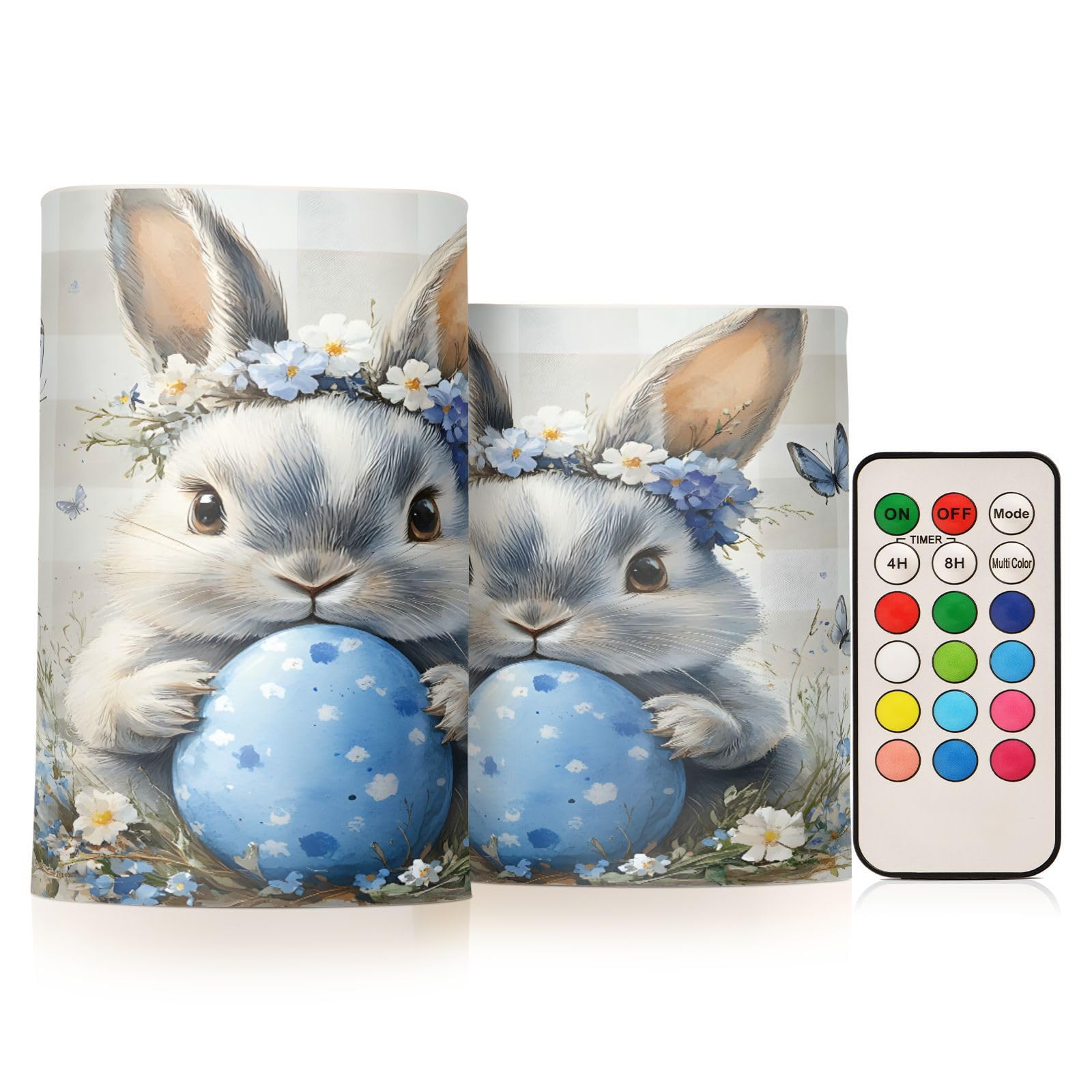 ALAZA Cute Eater Rabbit Bunny Flower Flickering Flameless Candles Battery Operated with Remote Timer,Tea Light Candles LED Pillar Votive Candles Set of 2 for Outdoor Indoor Decorations