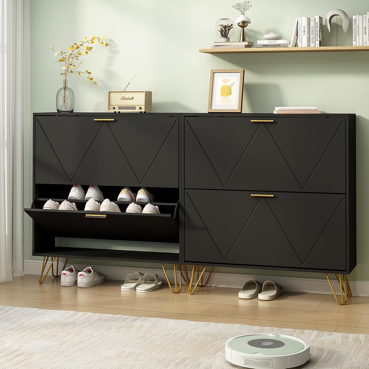 Black Shoe Cabinet Storage for Entryway, Set of 2, Narrow Shoe Cabinet with 2 Flip Drawers,Freestanding Organizer with Fluted Panel for Living Room, Bedroom, Hallway, Closet