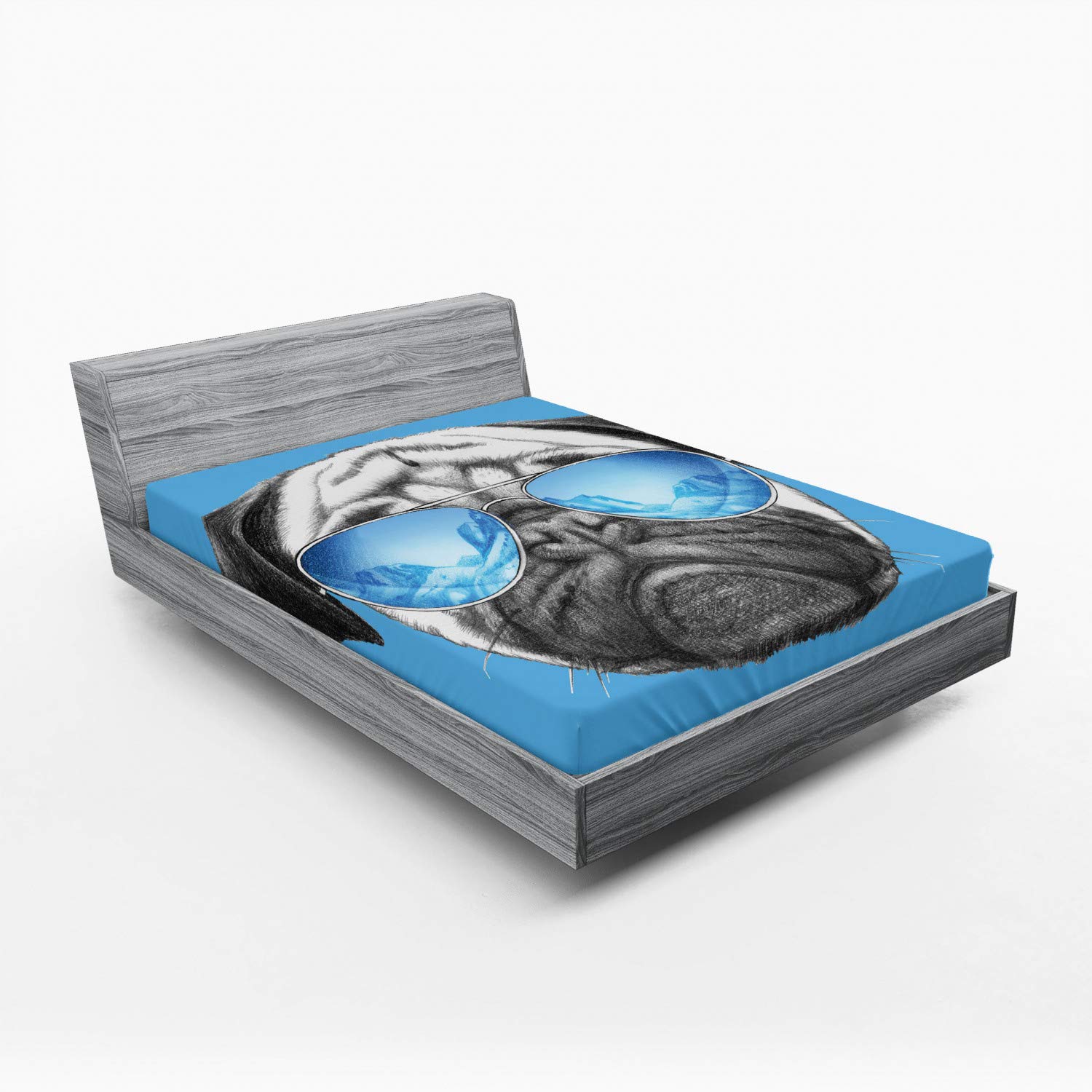 Ambesonne Pug Fitted Sheet, Dog Portrait Mirror Sunglasses Hand Drawn Illustration of Pet Animal Funny, Bed Cover with All-Round Elastic Pocket for Comfort, California King, Pearl Blue