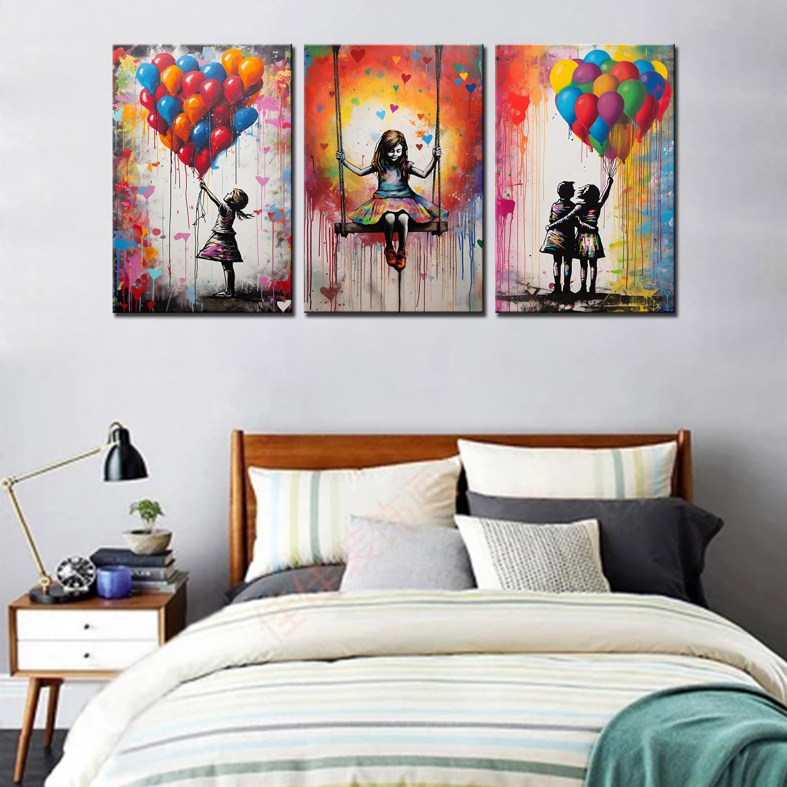 Tucocoo Room Wall Pictures Banksy Girl with Balloon Paintings 3 Piece Canvas Street Pop Art Graffiti Modern Artwork Colorful Home Decor for Living Room Wooden Framed Ready to Hang Gifts 48''Wx24''H - Image 3