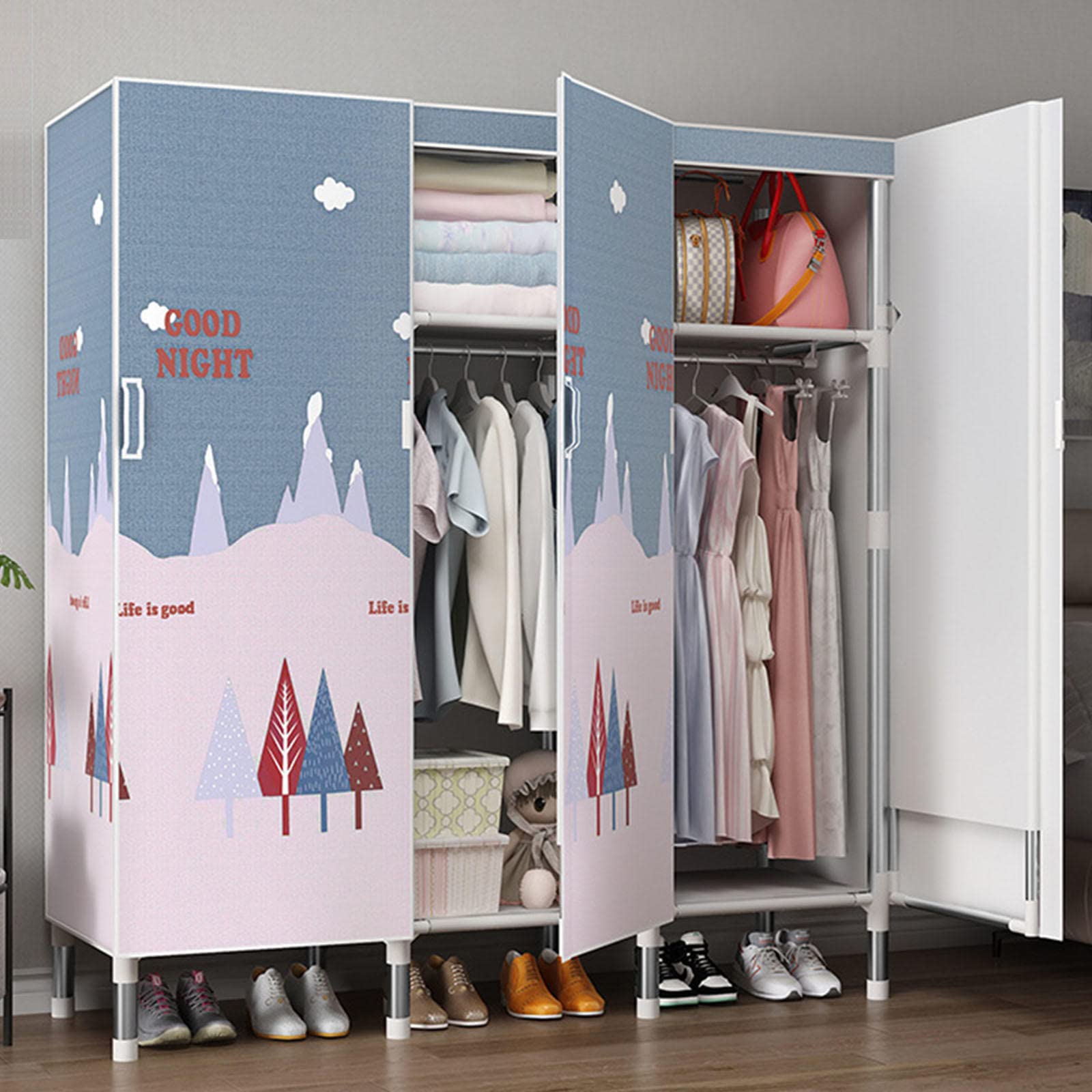 Armario, Armario de Tela Plegable con Barras para Colgar, Armario Organizador de Armario, Armario para Ropa, Organizador de Ropa para Dormitorio, A-125x50x172cm