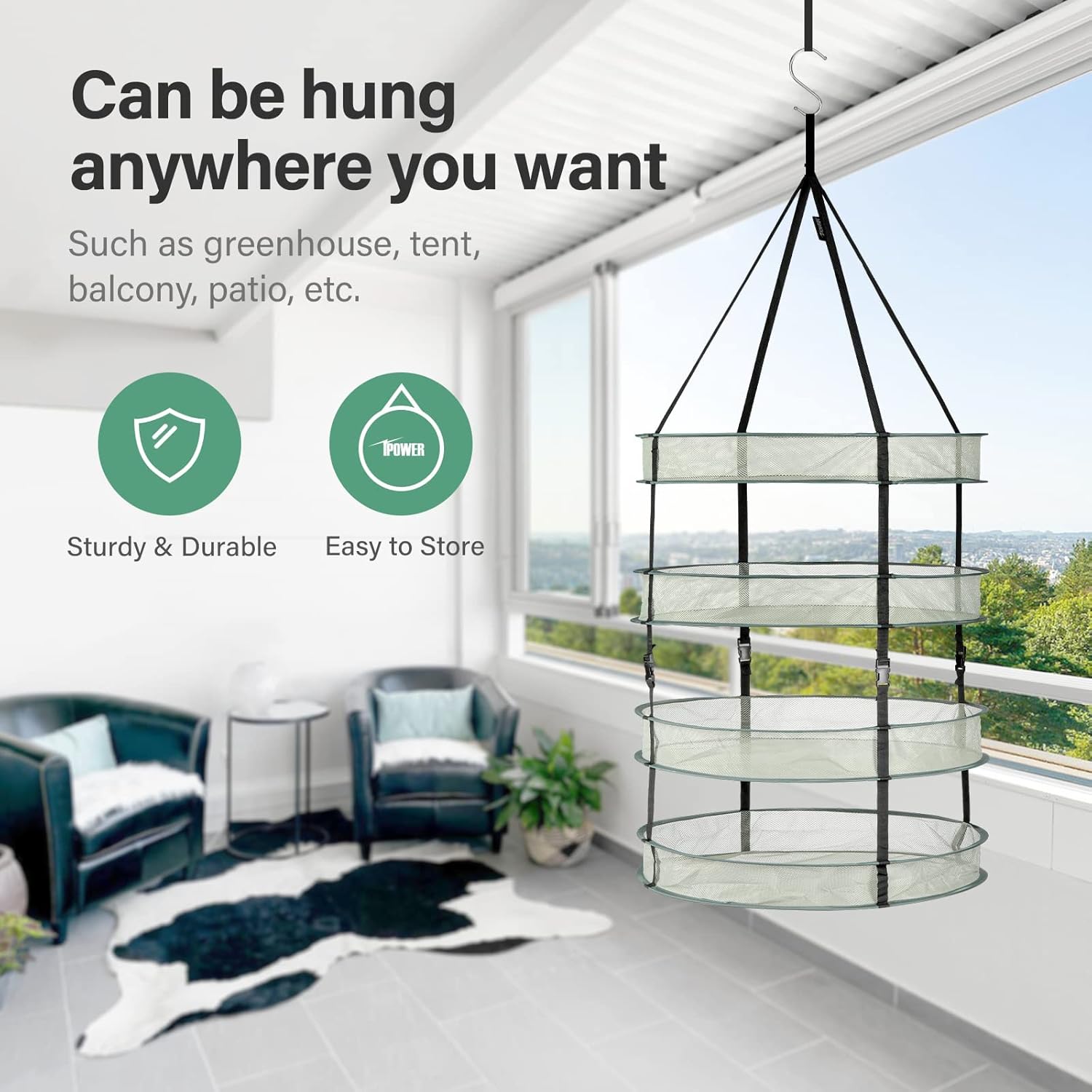 iPower 2 Feet 4 Layer Herb Drying Rack Hanging Foldable Dry Net with Heavy Duty Rings and Carrying Bag, for Plants, Seeds, and Buds, Green