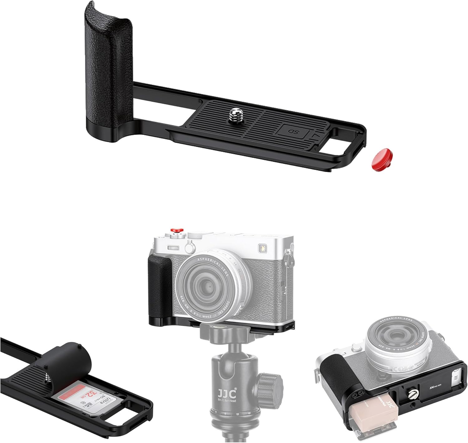 JJC Metal Hand Grip L-Bracket & Shutter Button for Fuji Fujifilm X-E5 XE5 Camera, Silicone Handgrip, Anti-Slip Pads with SD Card Holder, Arca Swiss Quick Release Plate & 1/4"-20 Tripod Hole, Black