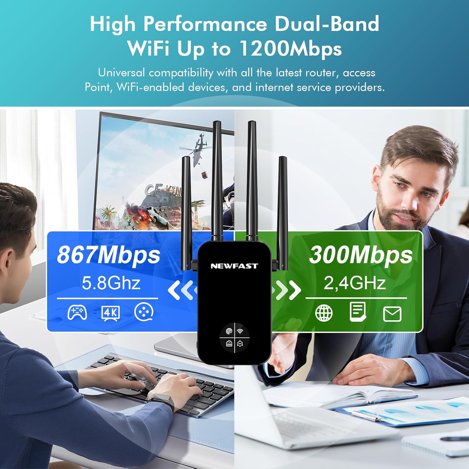 Diagram showing 5.8GHz and 2.4GHz speeds of the WiFi extender