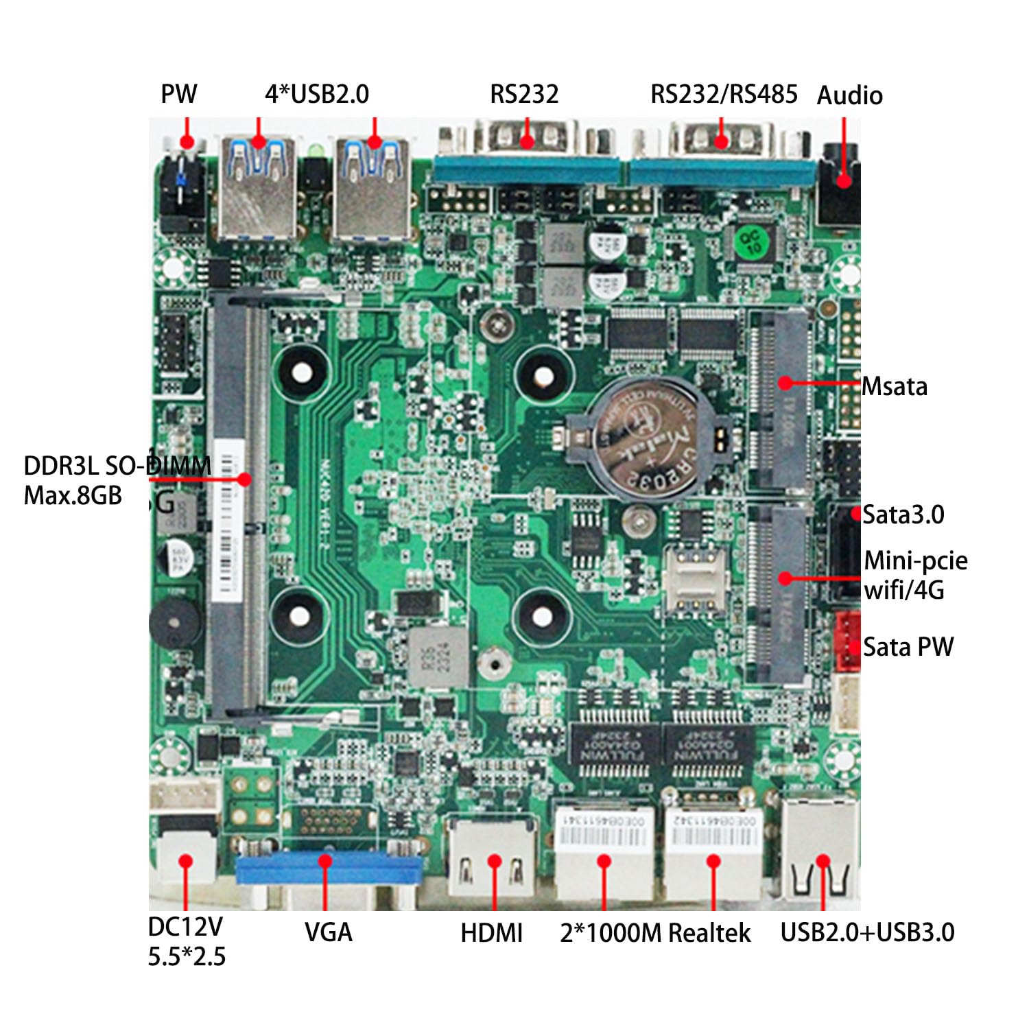 Celeron N2840 X86 Thin Client, Mini PC, Cheap Computer with Dual RJ45 Port Dual COM RS485 VGA HDMI 6 USB