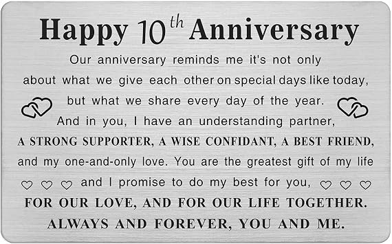 TGCNQ Metal Engraved 10 Year Anniversary Card, 10th Anniversary Card Gifts for Husband Wife Him Her, 10 Year Wedding Anniversary Decorations