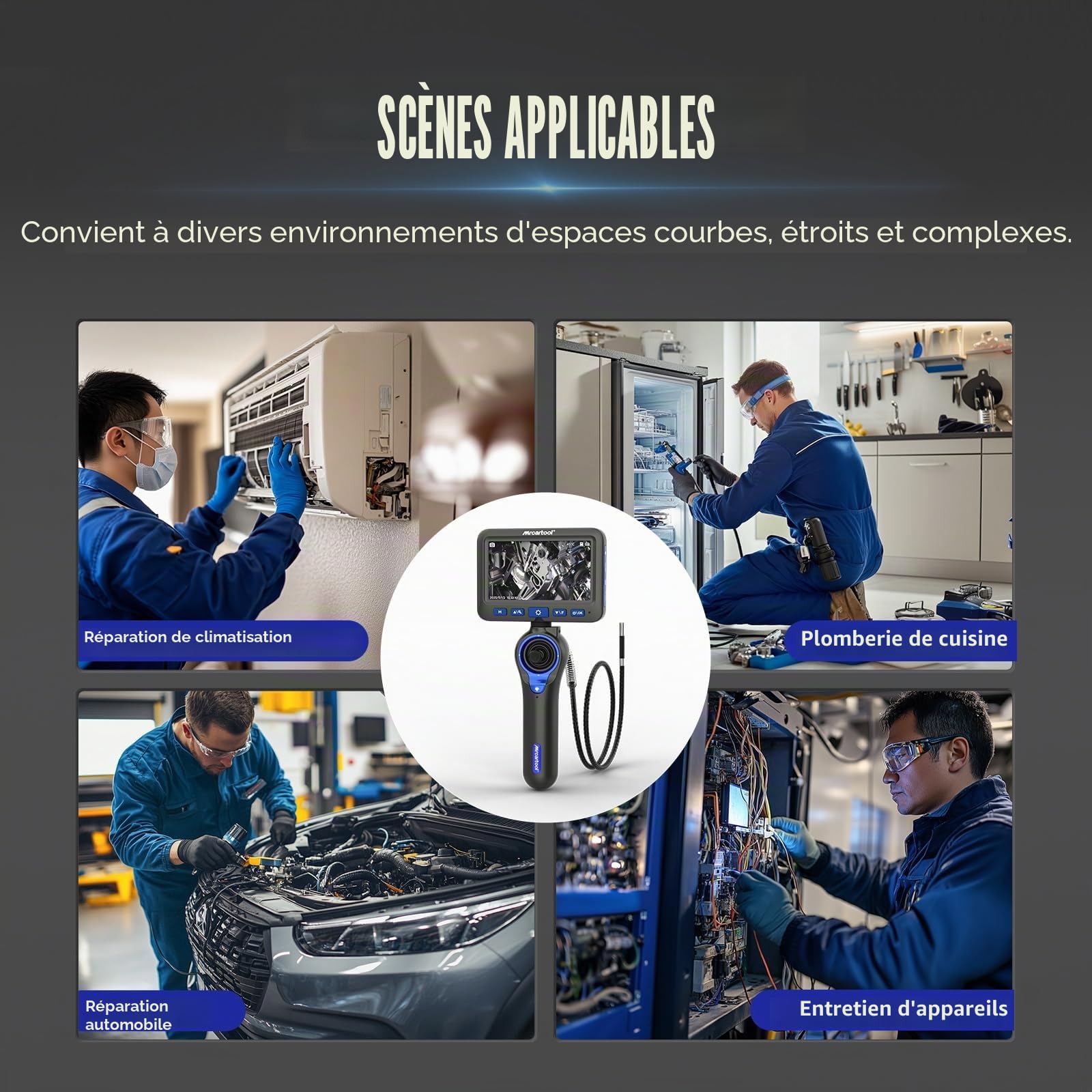 4-Way-360° caméra endoscopique avec lumière, Tube Mince de 6,2 mm & écran de 5,0 Pouces, tête Mobile, 1080P & IP67 caméra d'inspection pour Moteurs Automobiles, tuyaux et Machines (1 m)