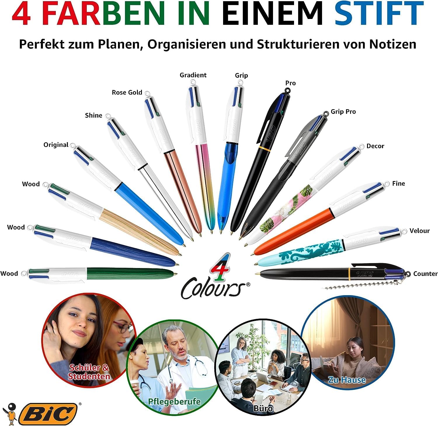 BIC 4 Colours Mini Balpen met Kliksysteem Medium Punt (1,0 mm) - Verschillende Trendy Kleuren Inkt, Pak van 1 Stuk