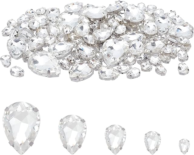 FINGERINSPIRE 140Pcs 5 Sizes Glass Sew On Rhinestones Teardrop Sewing Claw Gems Clear Claw Flatback Crystal Rhinestones Metal Prong Setting Rhinestones for Clothes DIY Craft Jewelry Decor