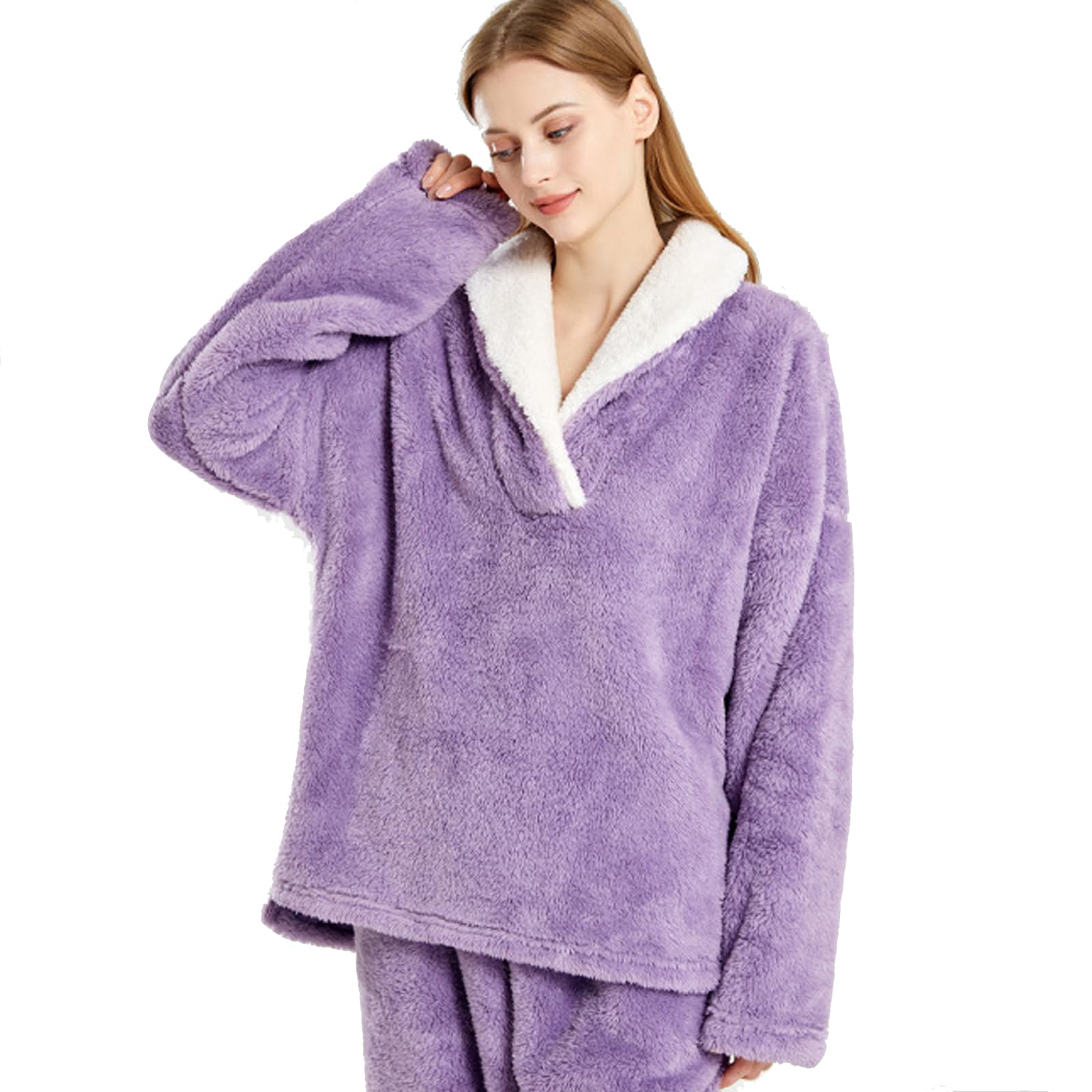 Pyjama chaud en polaire pour femme - 2 pièces - Haut à manches longues et pantalon thermique - Avec poche