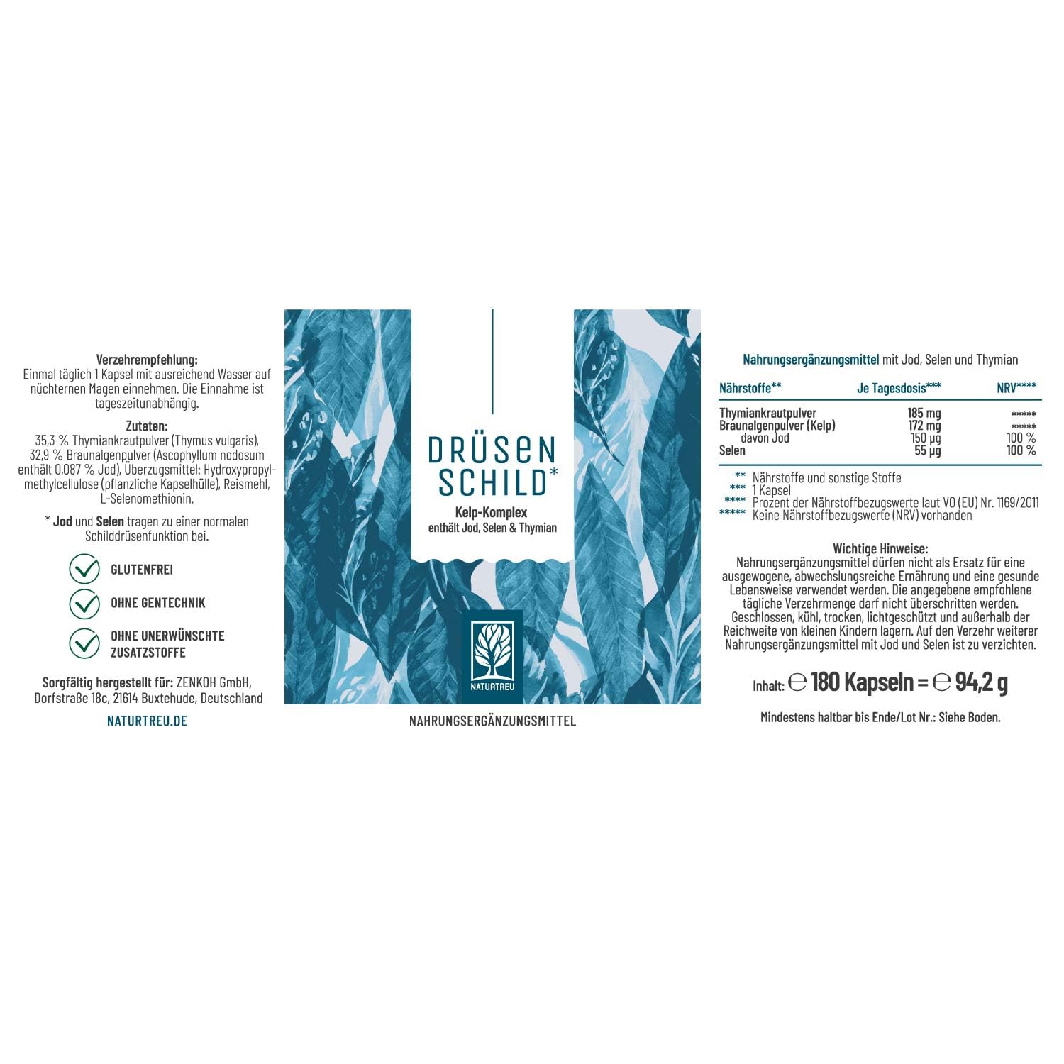 NATURTREU® Jod Selen Komplex Kapseln - 150µg Jod aus Braunalgen (Kelp Extrakt) mit Selen und Thymian - Hochdosiert, natürlich und vegan - 360 Kapseln - Vorteilsbundle 2er Paket