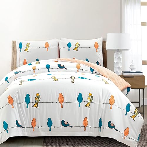 Lush Decor Rowley Birds - Juego de ropa de cama de 3 piezas con estampado floral de pájaros, matrimonialqueen, multicolor