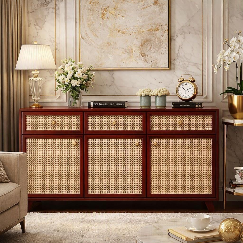 Solid Sheesham Wood Cane Sideboard with 3 Drawers and 3 Ratan Cane Door for Home | Solid Wood Cane Cabinet | Wooden Cane Kitchen Cabinet for Home (Mahogany)-image-15