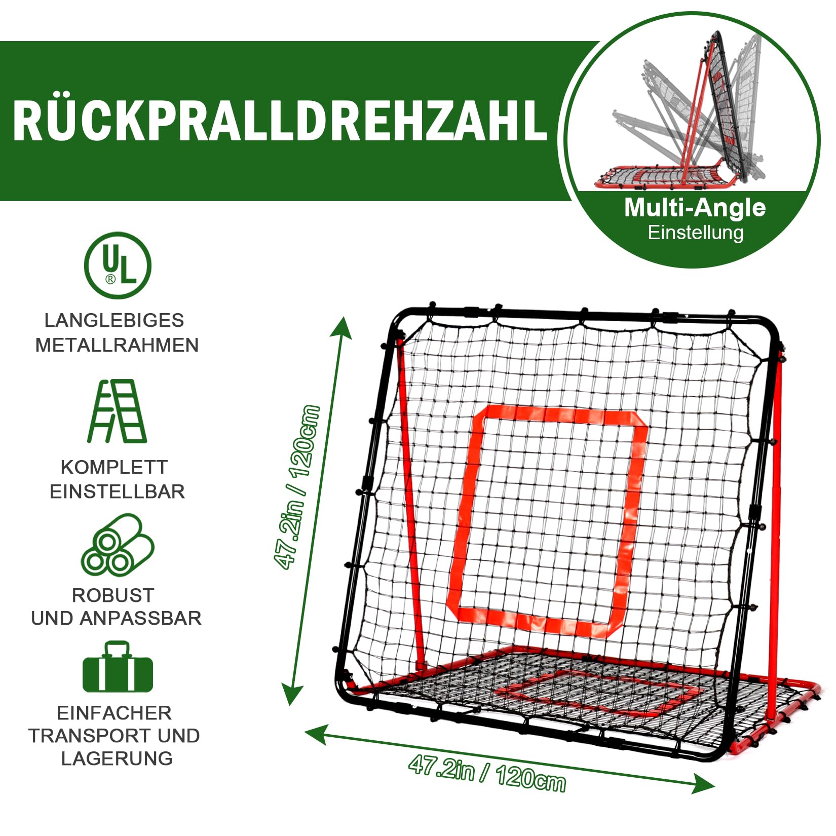 Rebounder für Fußball 120x120cm, Fußball Rebounder, Verstellbar mit 8 Winkeln, Doppellagiges Netz, Geeignet für das Ausübung Verschiedener Ballsportarten, Ideal für Teenager & Erwachsene