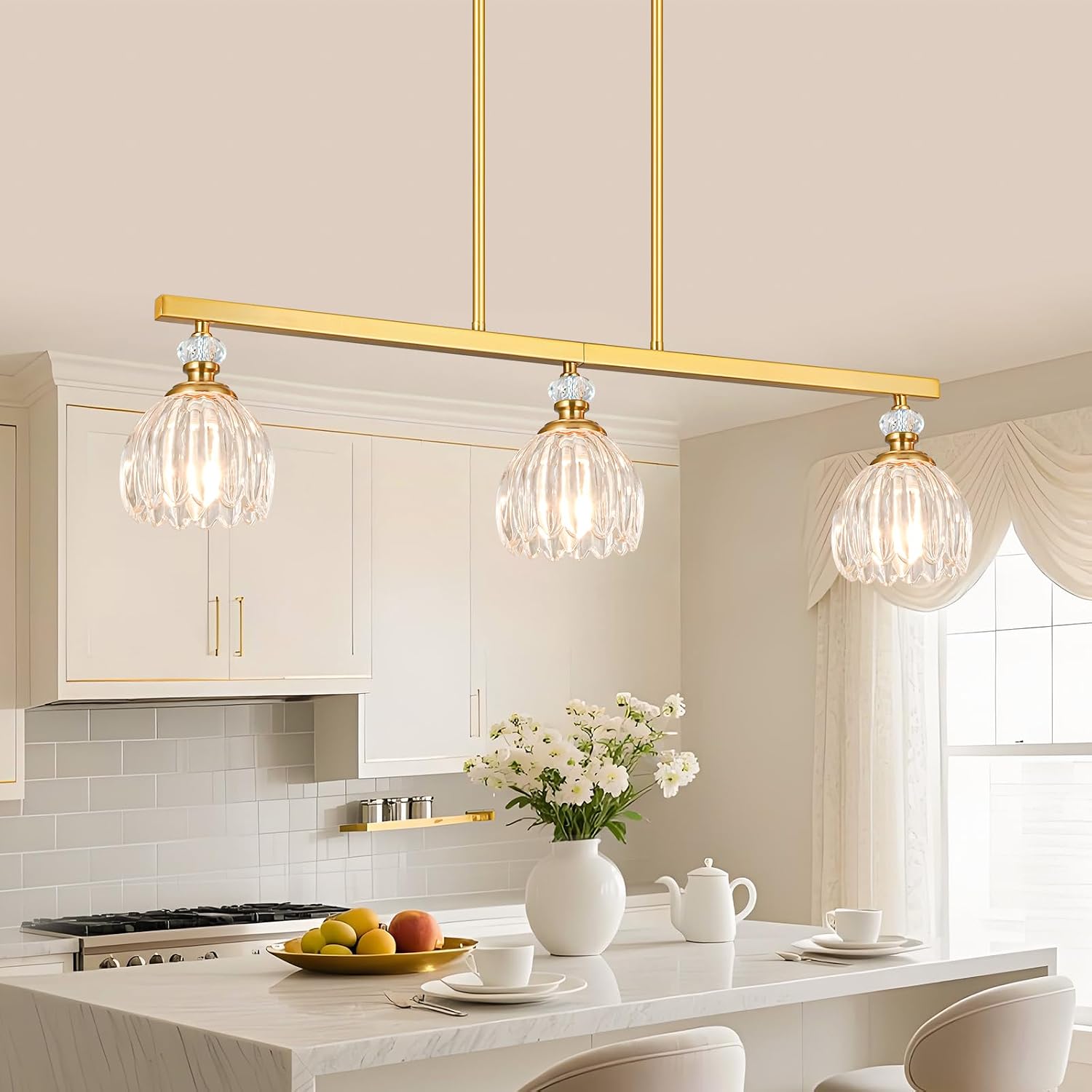 Gold Island Light for Kitchen, 3-Light Linear Chandelier for Kitchen Island with Tulip Glass Shades, Brushed Gold Finish Hanging Light Pendant Fixture Over Dining Table