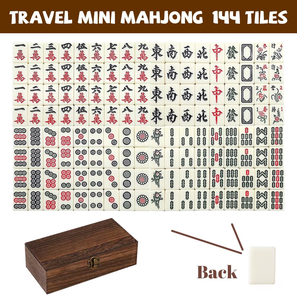 Mini Mahjong Set, 144 Stück Portable Traditionelles Chinesisches Majong Set, Mahjong Steine mit Edler Holzkiste, Traditionelles MahjongSpielset, Für Party Tischspiele für Erwachsene