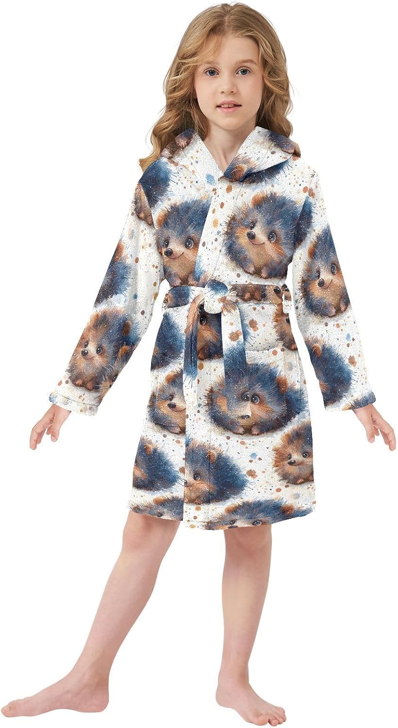 senya Cute Hedgehog Watercolor Toddler Hooded Bathrobe Kids Soft Plush Bath Towel Robes for Boys Girls 2-12 Years