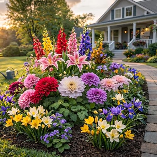 Luxury Front-Yard Colorful Dream Bulb Collection (32 Bulbs) — Dahlias, Gladiolus, Lilies, Dutch Iris & Freesia | Easy to Plant | Pollinator Garden, Deer-Resistant | Spring Planting, Summer Bloom